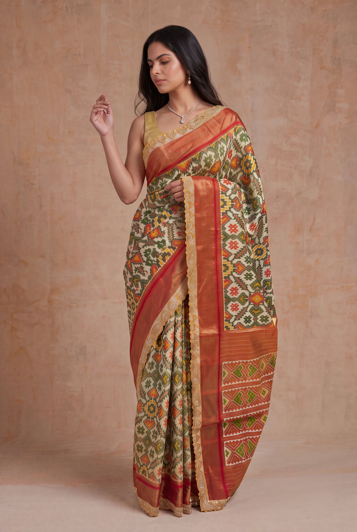 Cream Multicolor Ikat Tissue Silk Saree