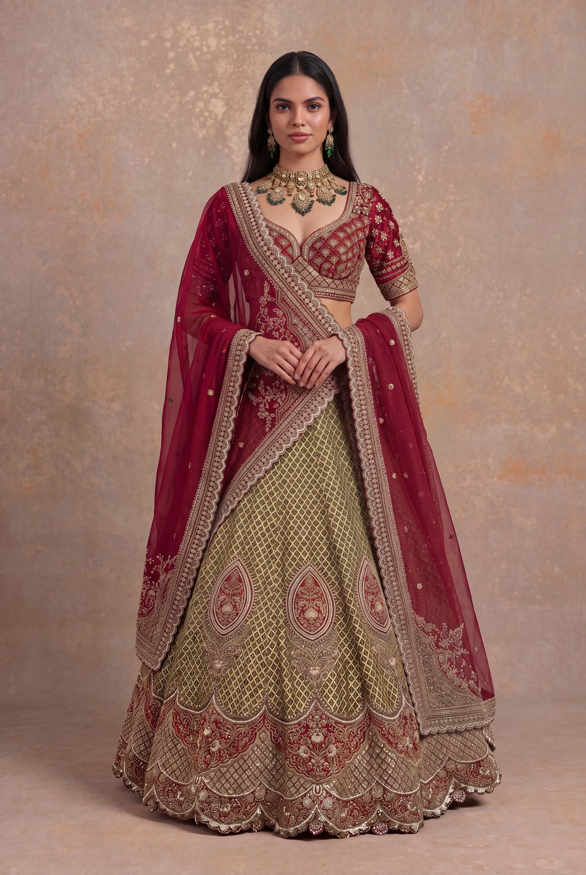 Olive Green Printed Silk Lehenga Set with Zardozi and Cutdana Work