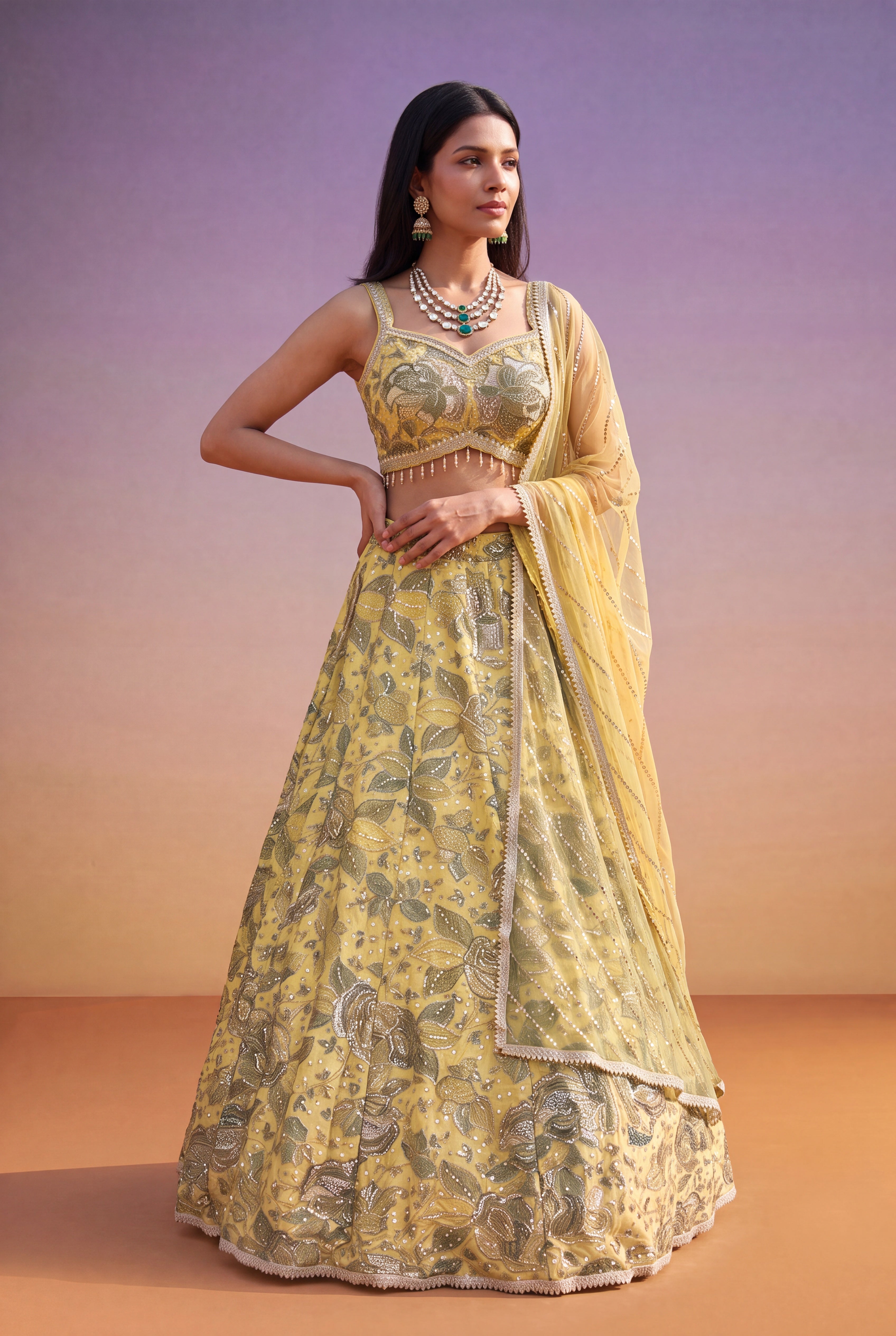 Yellow-Green Silk Lehenga with Floral Print, Zari & Sequin Work