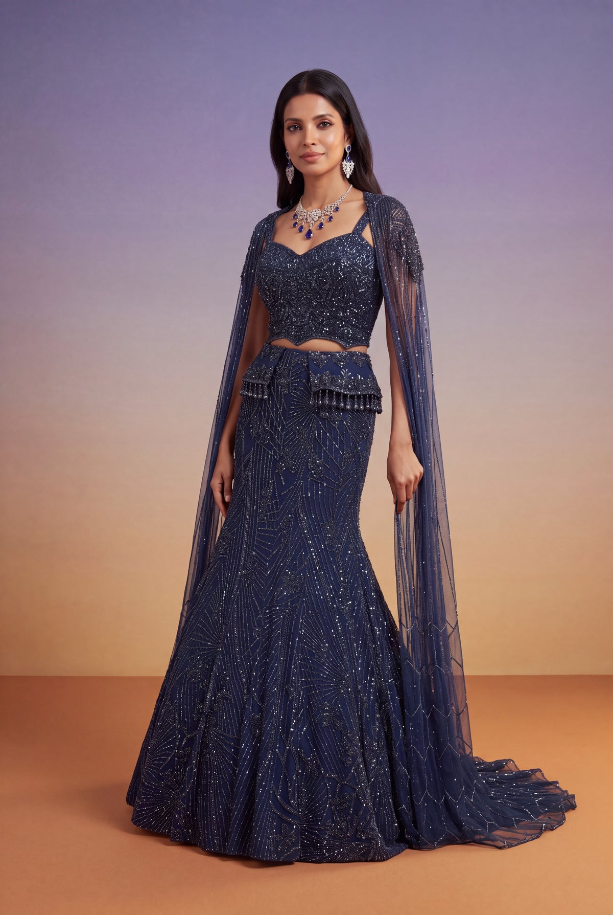 Navy Blue Embellished Fish-Cut Gown with Cape