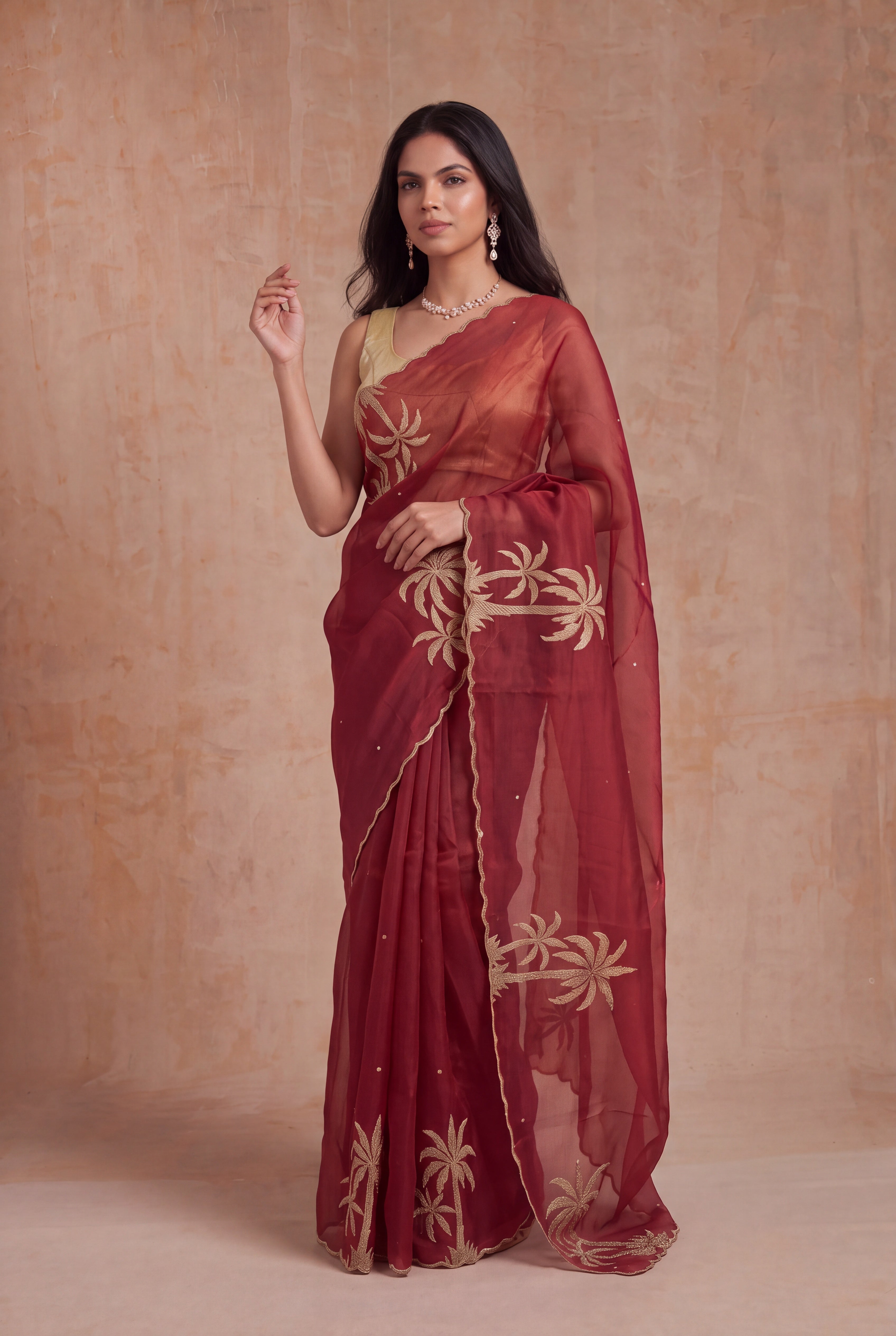 Dusty Rose Organza Saree with Gold Sequin Embroidery
