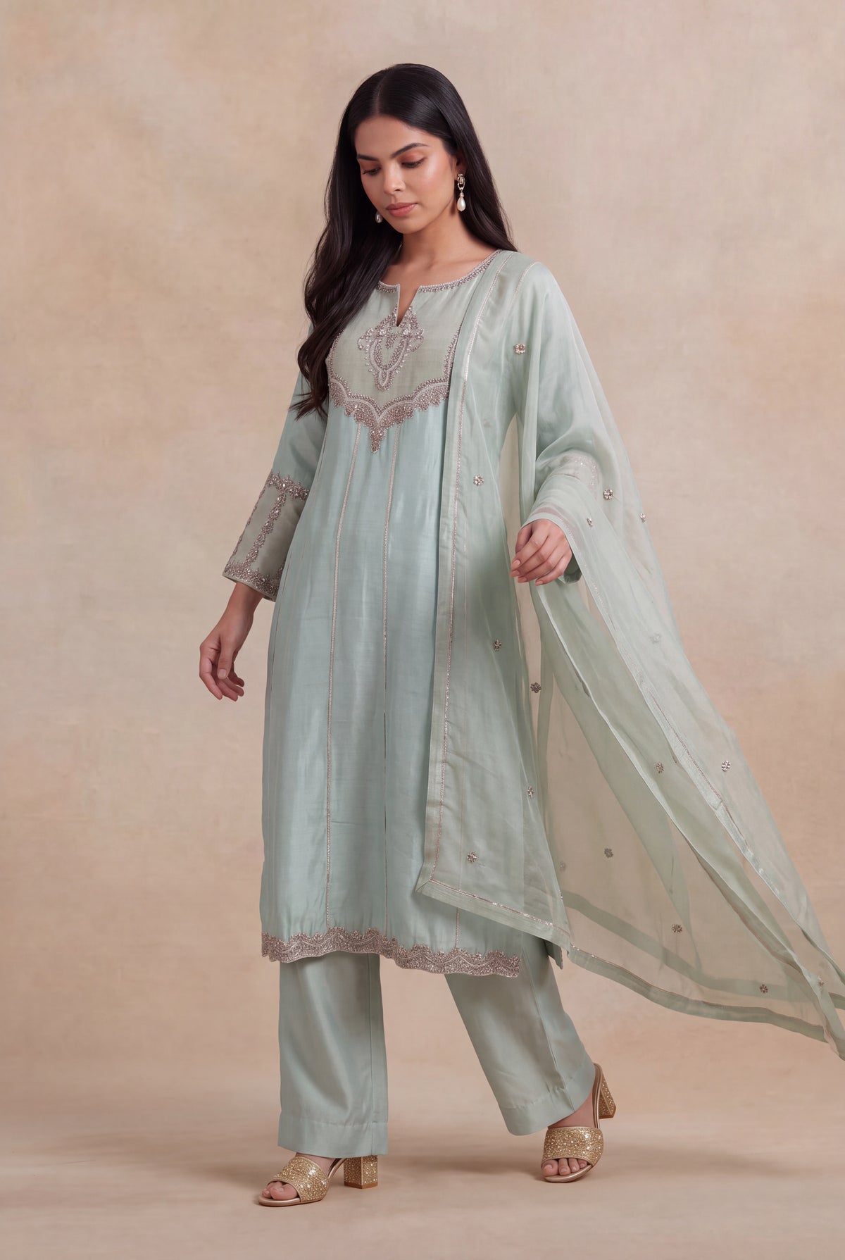 Mint Green Raw Silk A-Line Suit with Zardosi Work