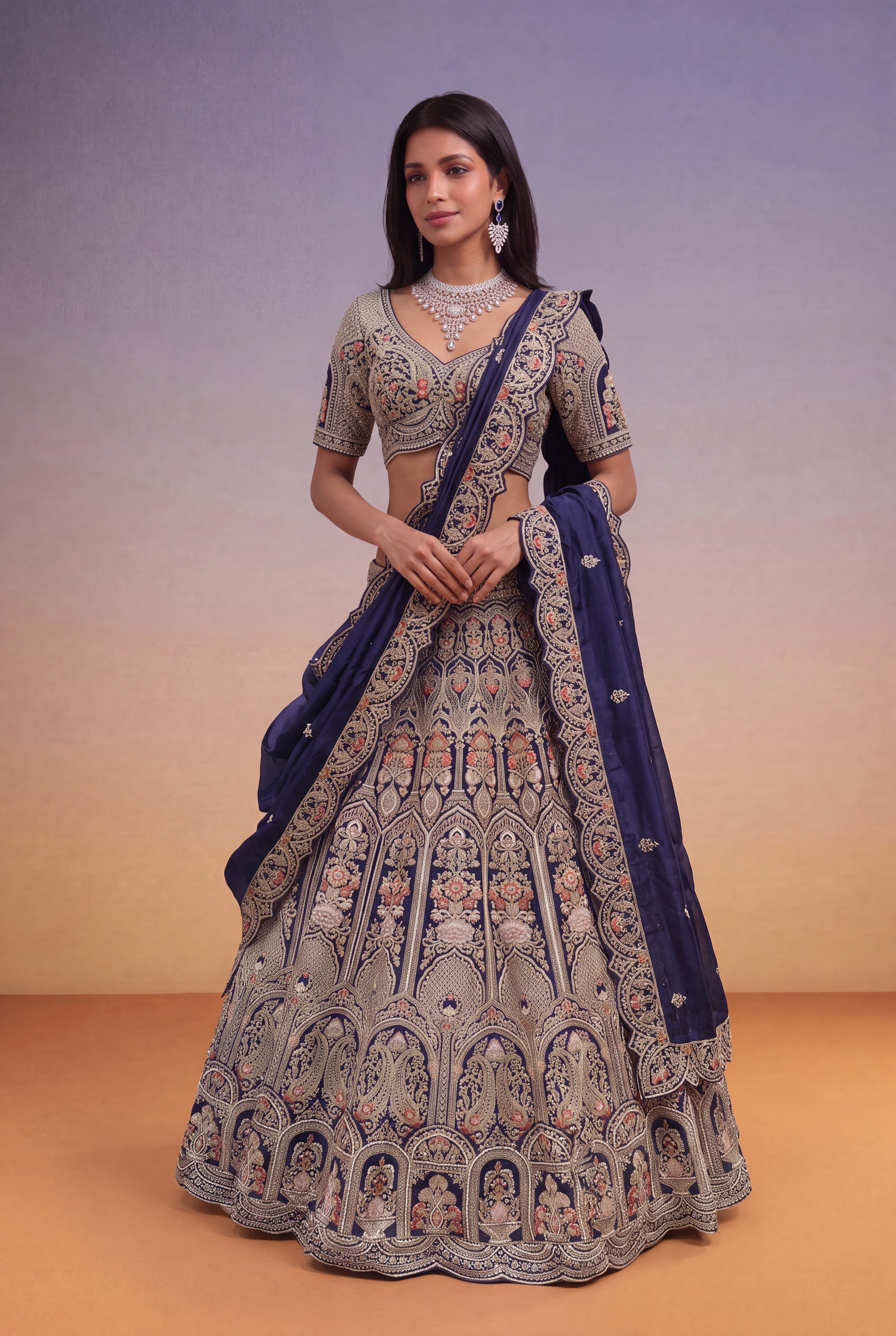 Navy Blue Raw Silk Bridal Lehenga