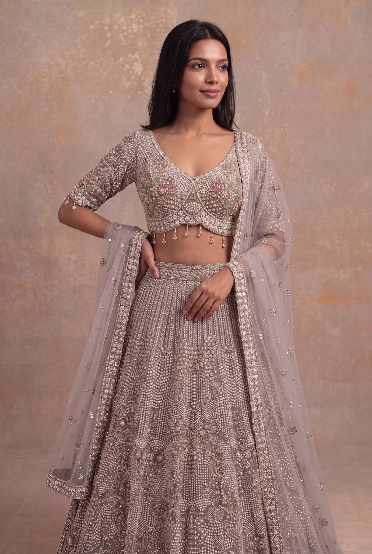 Taupe Net Lehenga