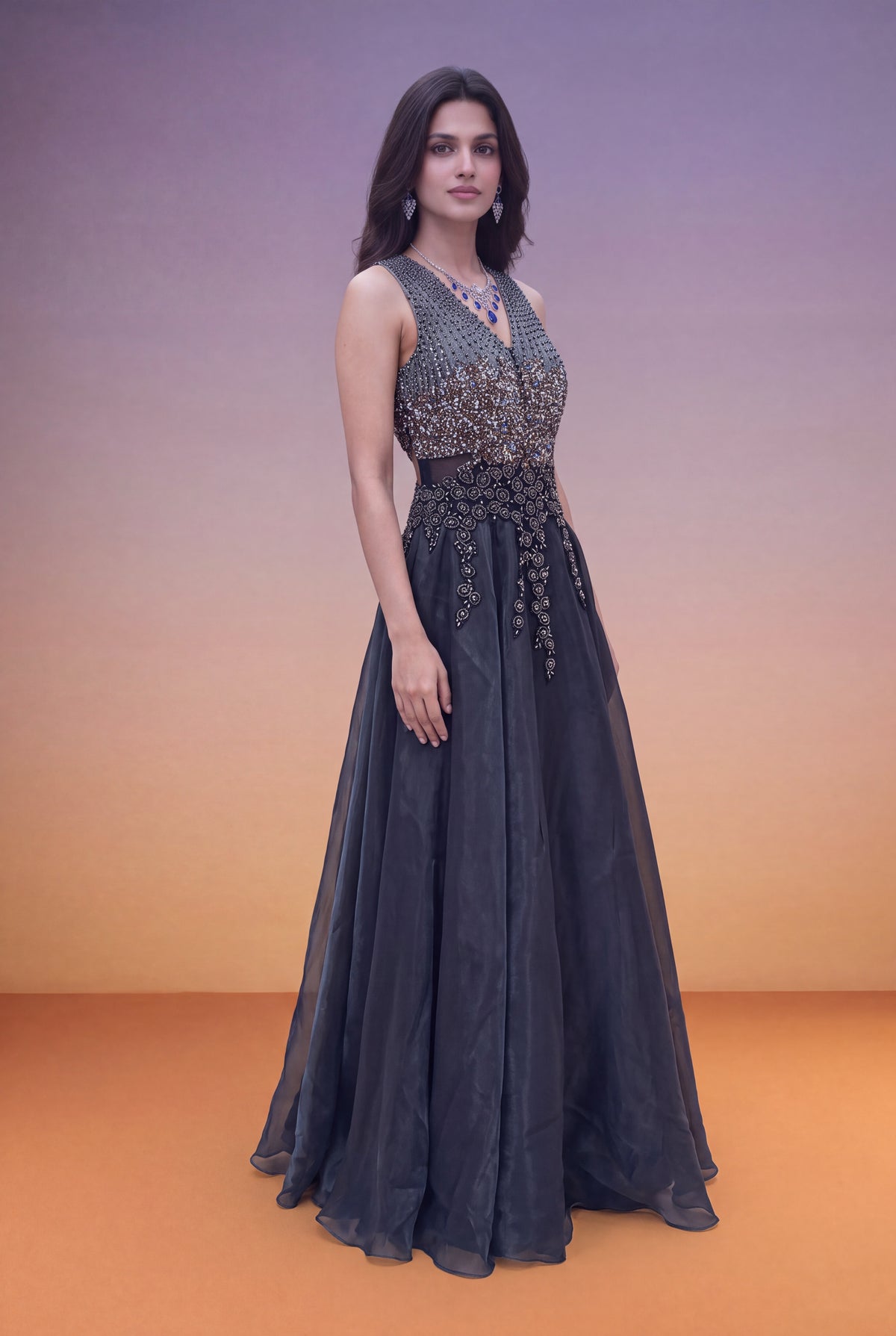 Slate Blue Organza Gown with Sequin & Cutdana Work