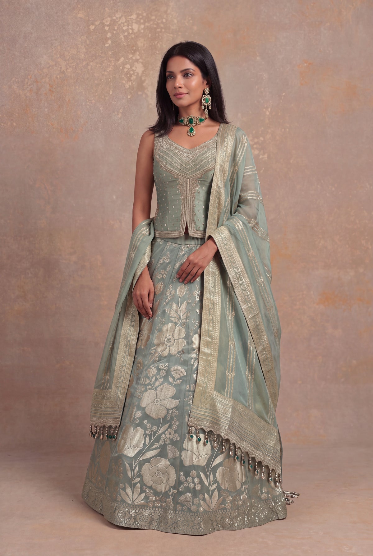 Sage Green Banarasi Tissue Silk Lehenga with Embellished Blouse