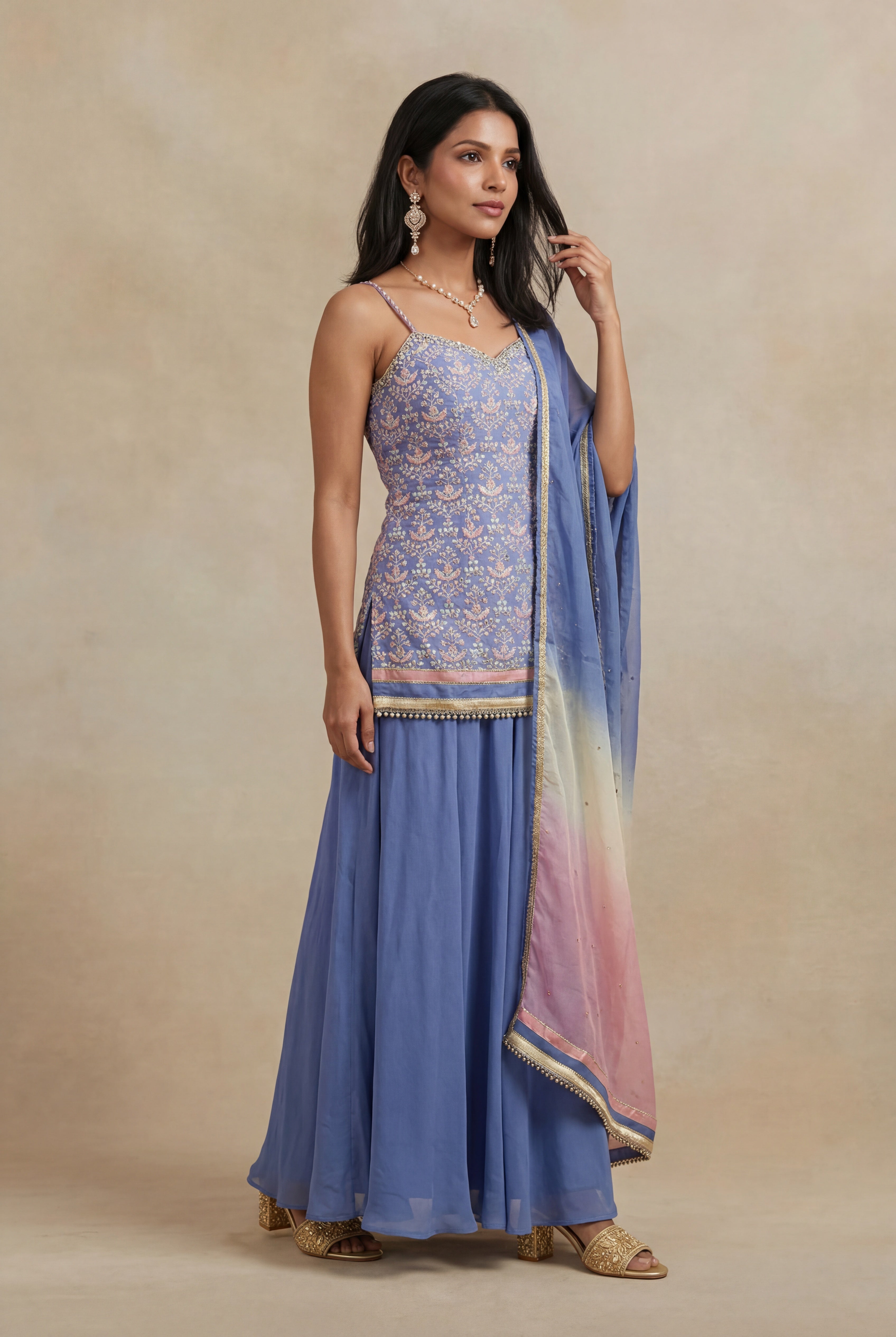 Periwinkle Blue Silk Mirror Work Indo Western Set