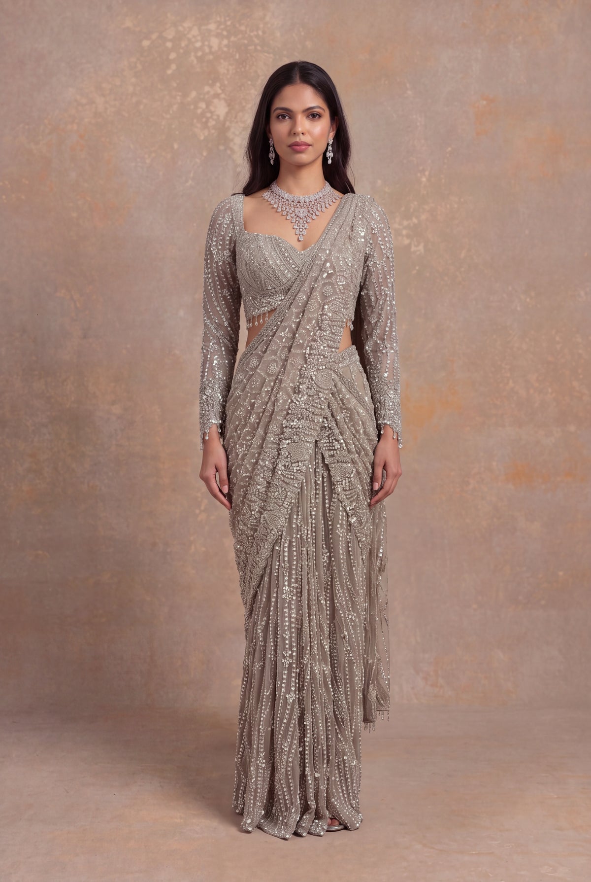 Beige Embellished Net Pre-Draped Saree
