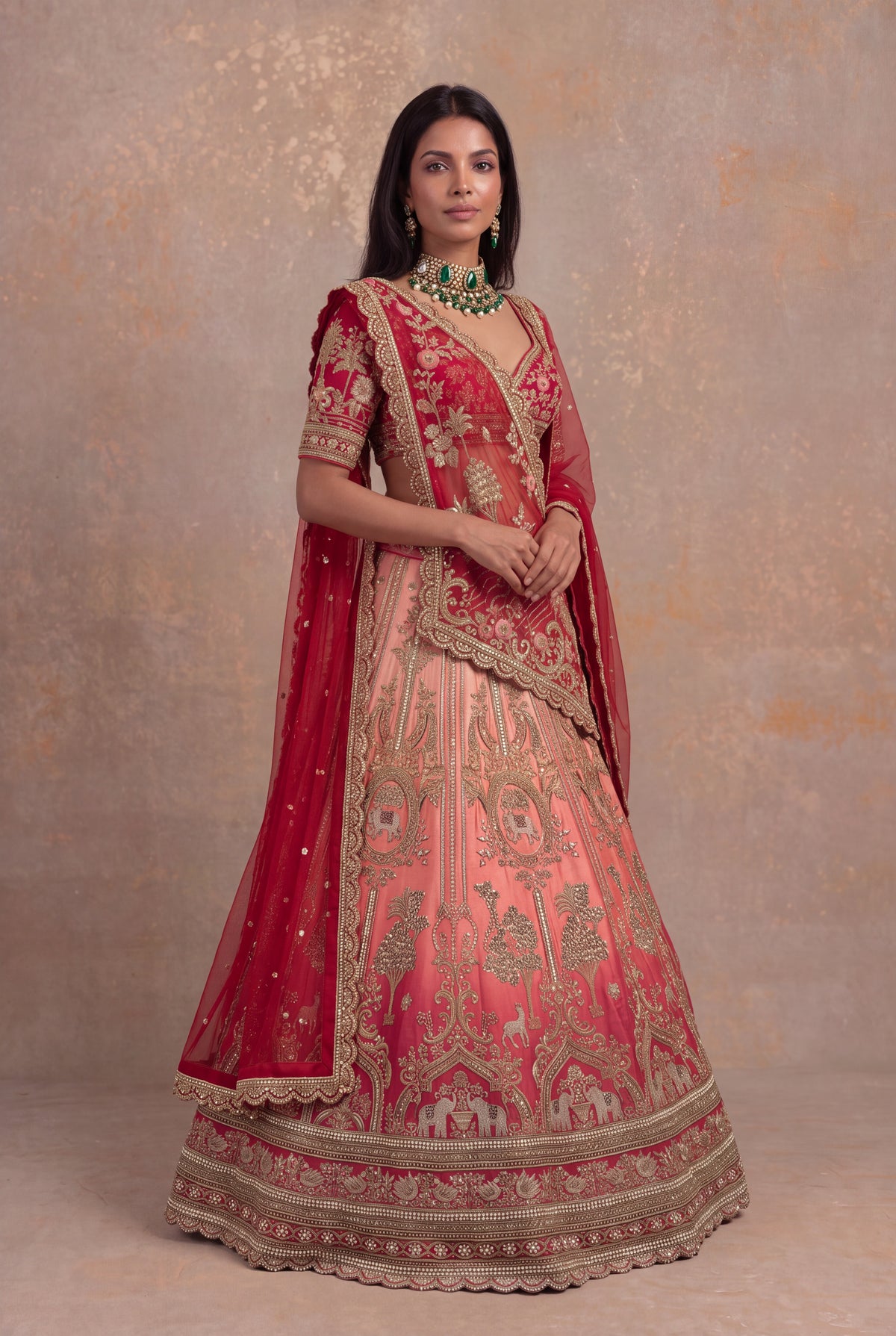 Red & Peach Silk Bridal Lehenga