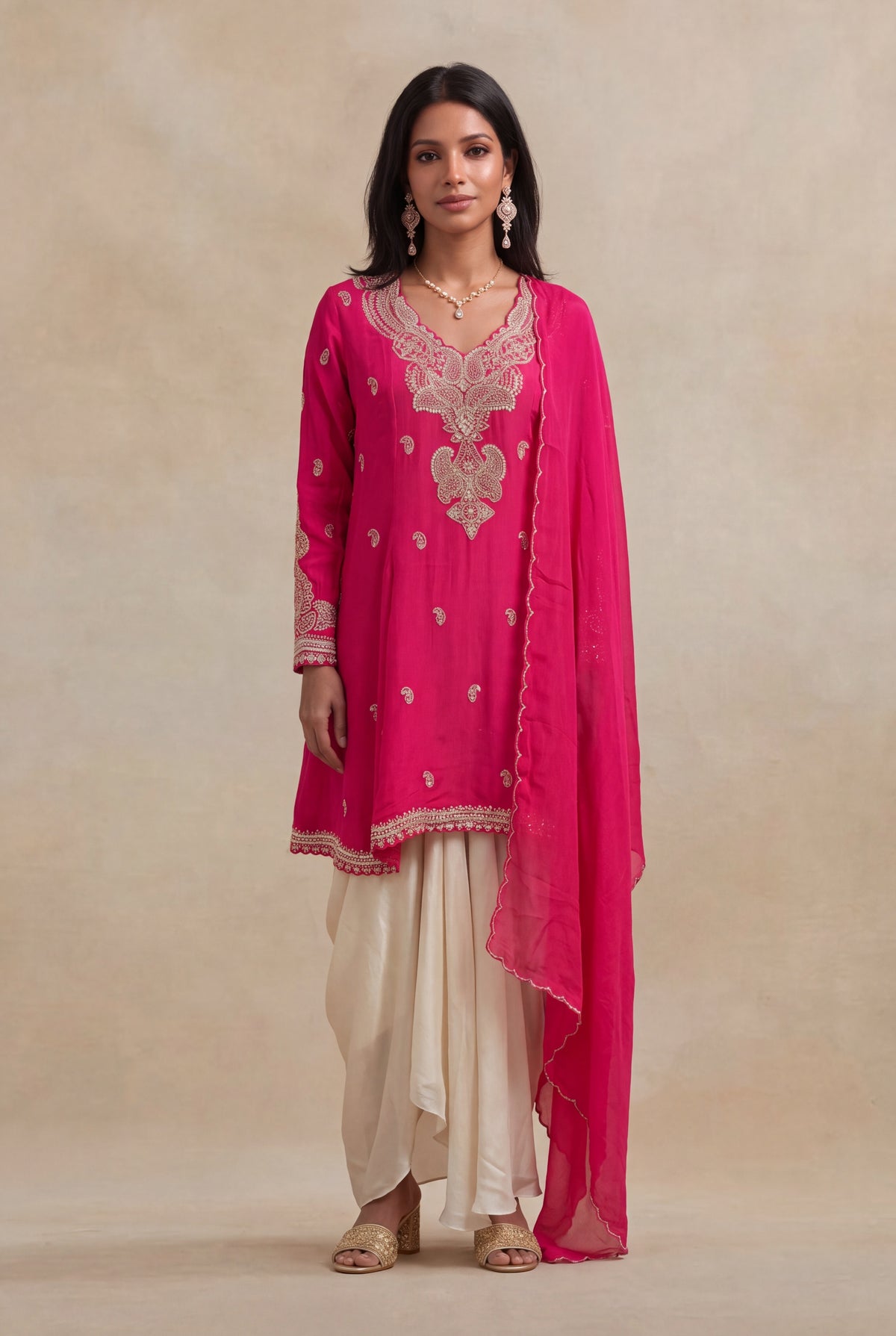 Rani Pink Chinon Indo-Western Drape Set