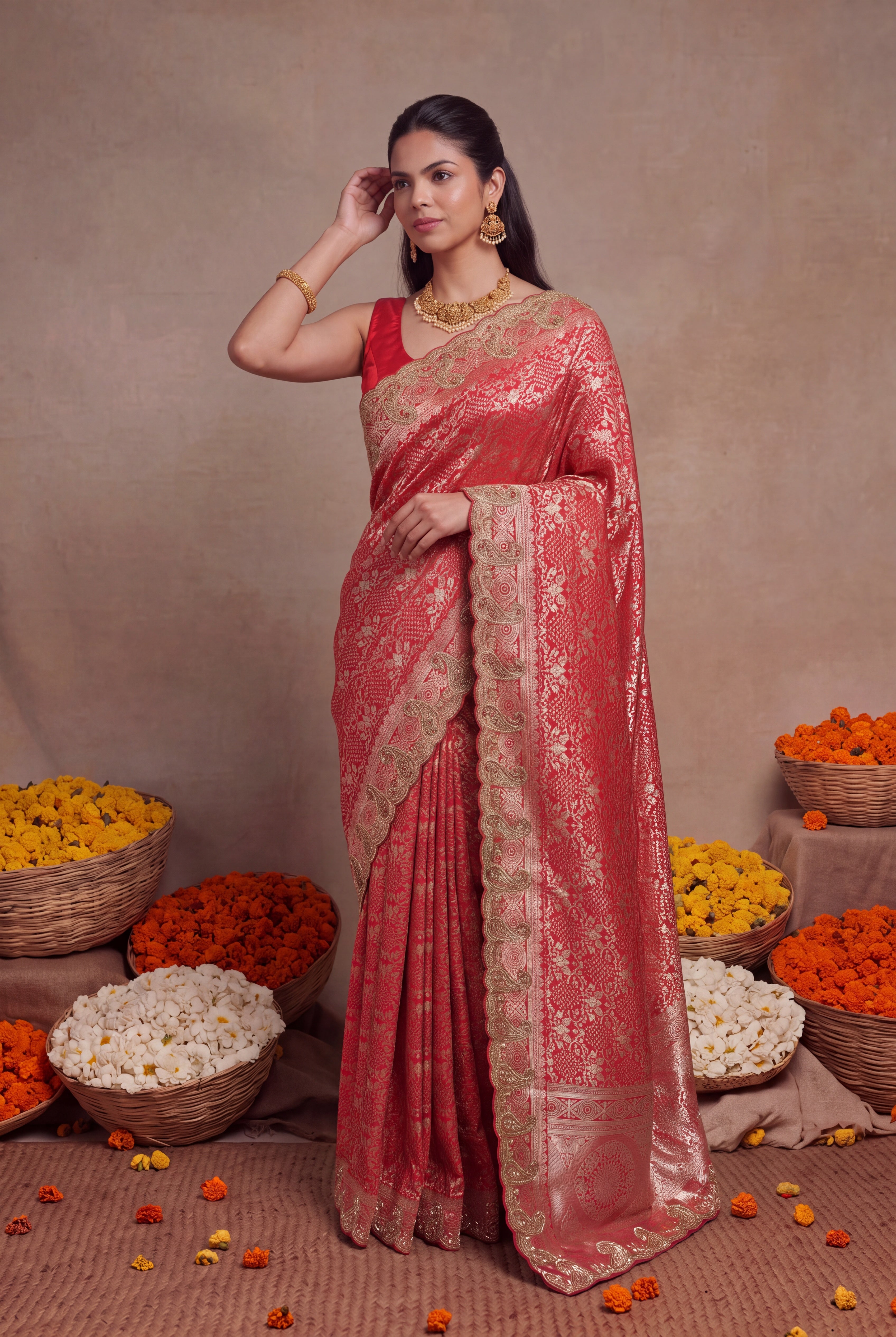 Red Banarasi Zari Scallop Border Saree