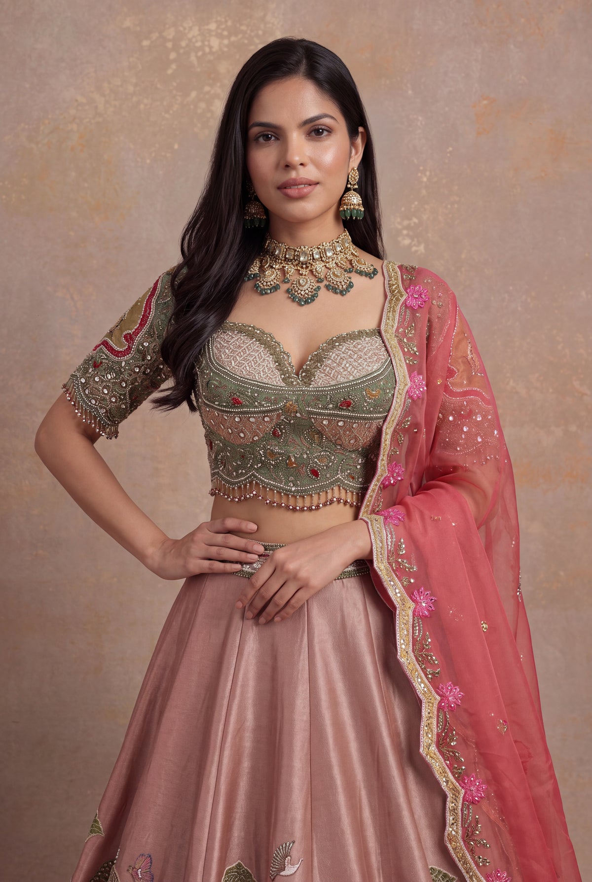 Dusty Rose Tissue Lehenga Set with Velvet Applique