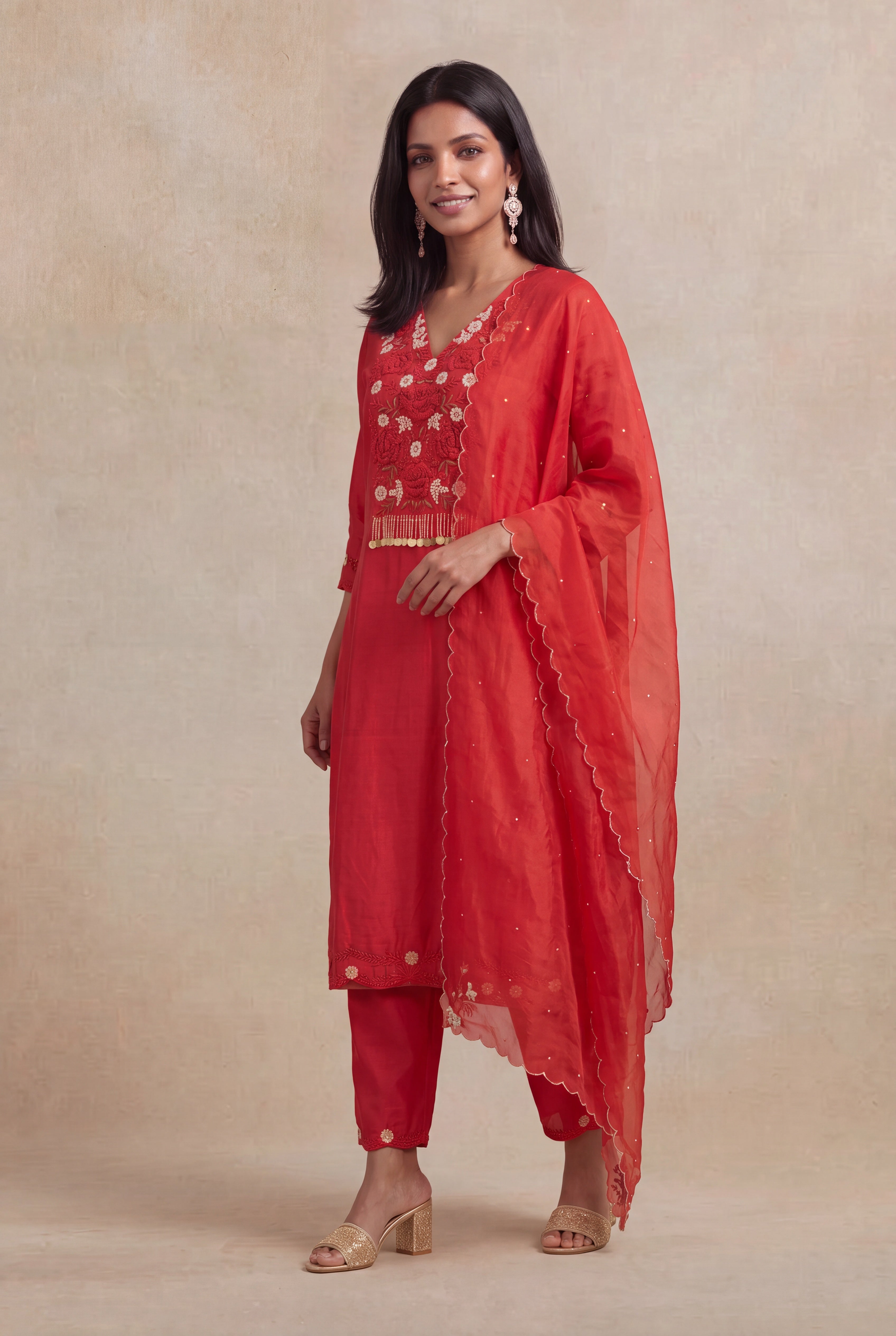 Red Chanderi Silk Embroidered Straight-Cut Salwar Set