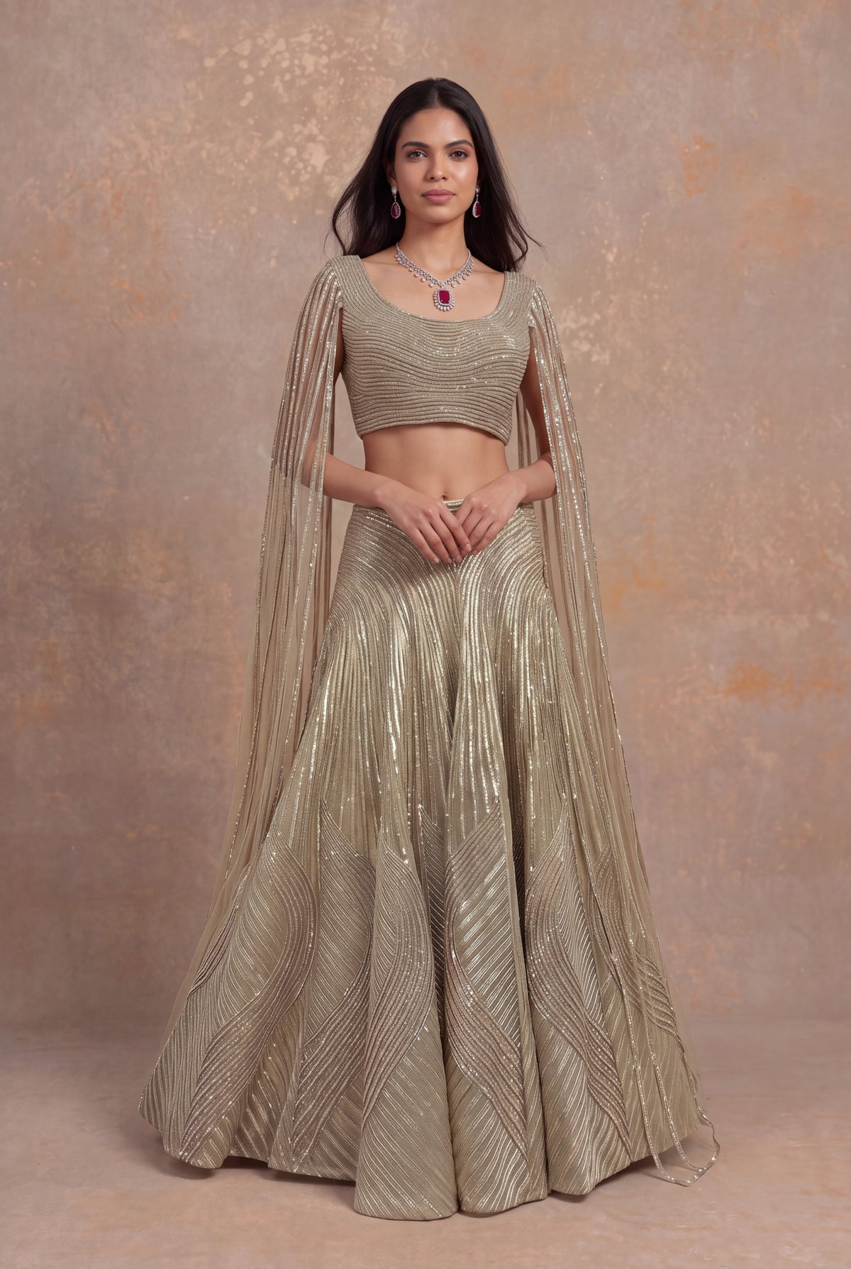 Gold Organza Lehenga with Attached Dupatta Blouse