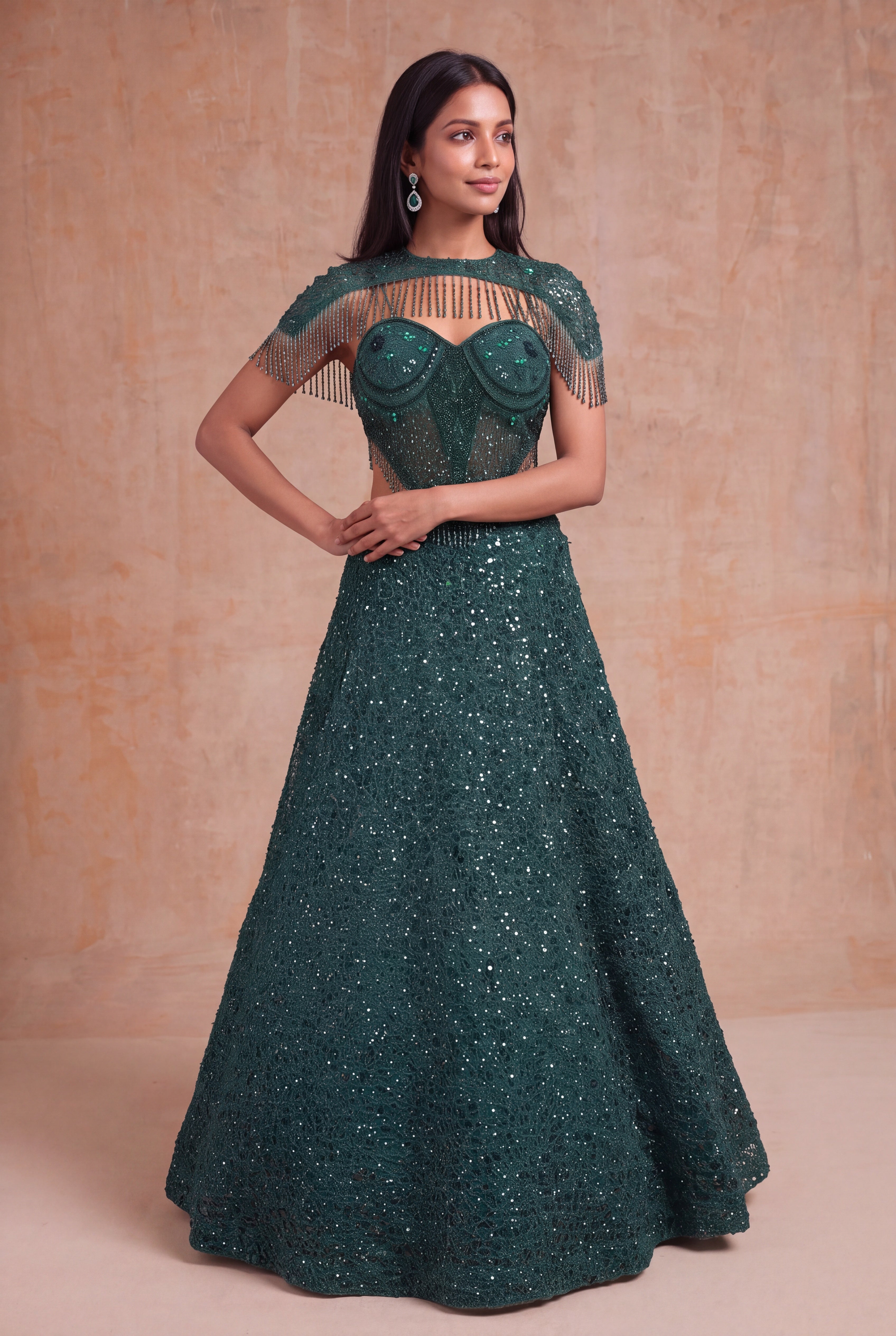Emerald Green Indo-Western Net Lehenga