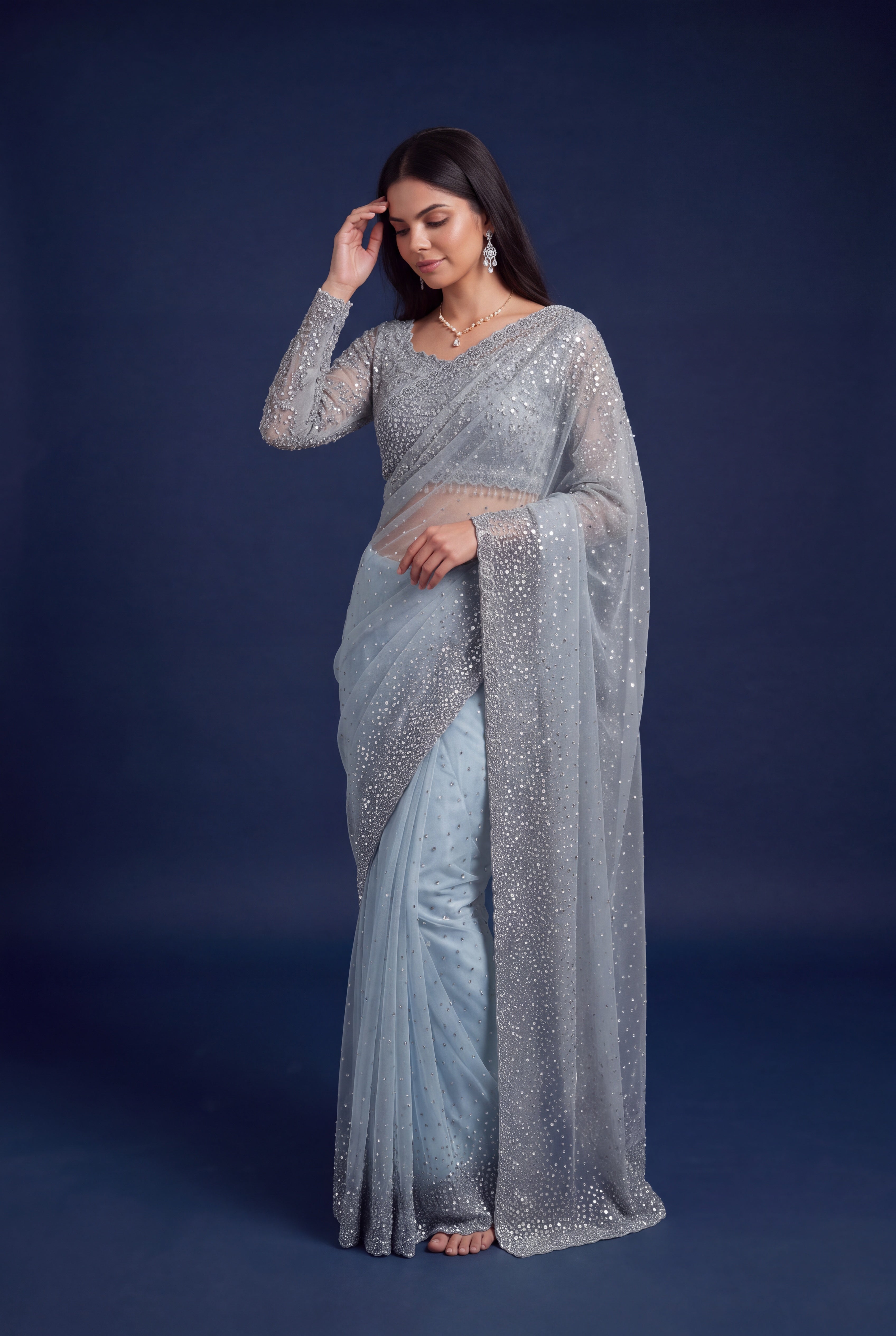 Ice Blue Net Designer Saree