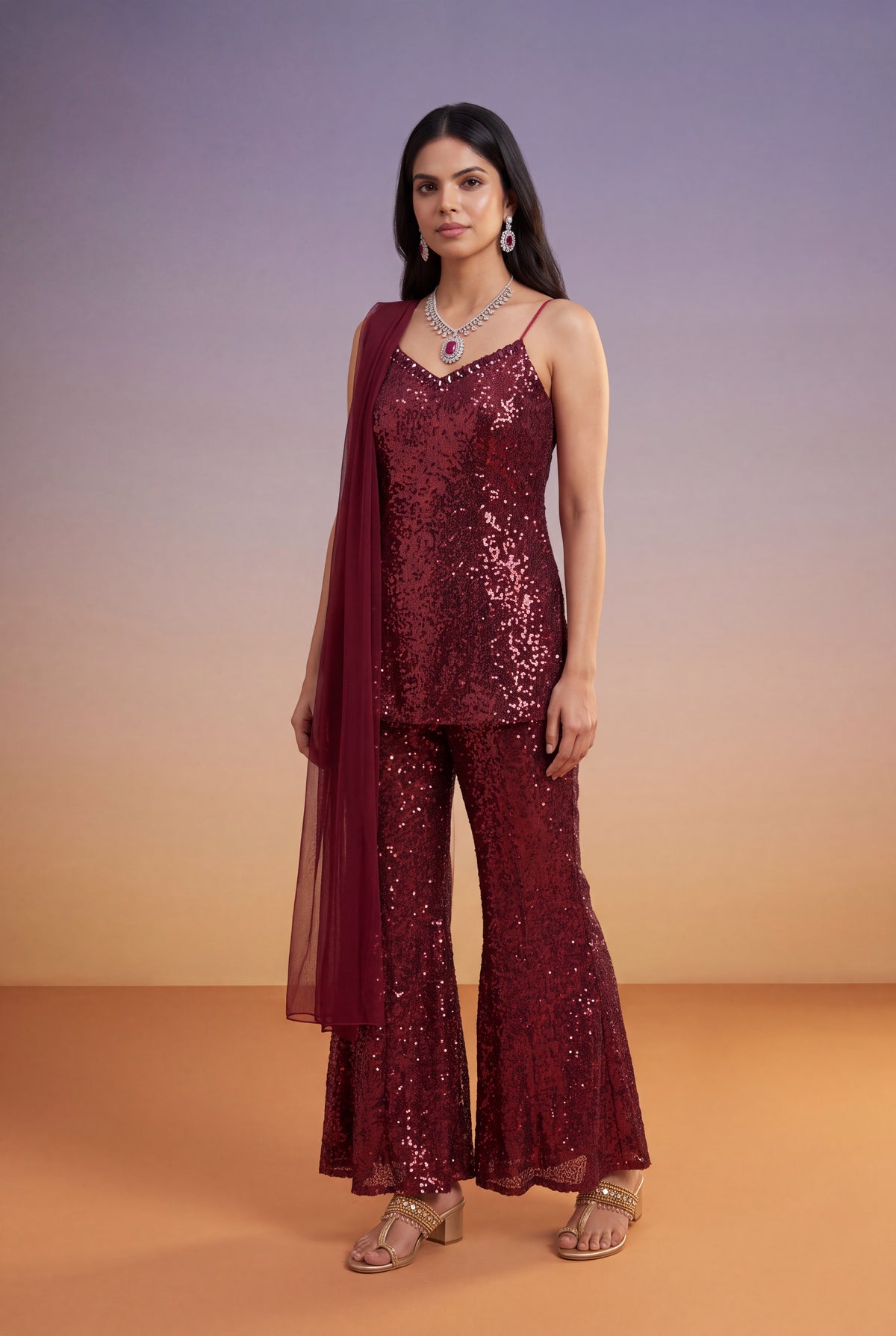 Wine Sequin Indo-Western Palazzo Set with Dupatta