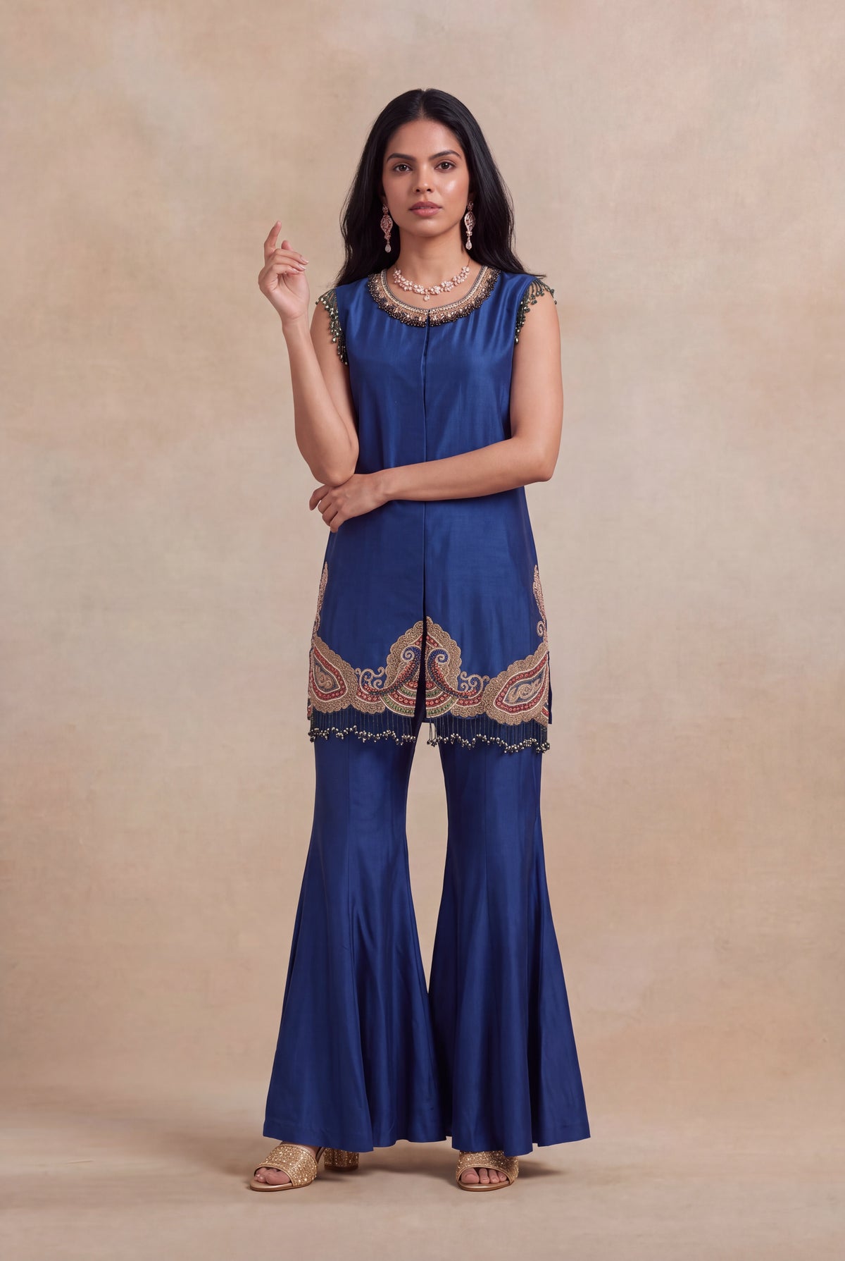 Royal Blue Raw Silk Indo-Western Set with Zardosi Work - Mokshaa