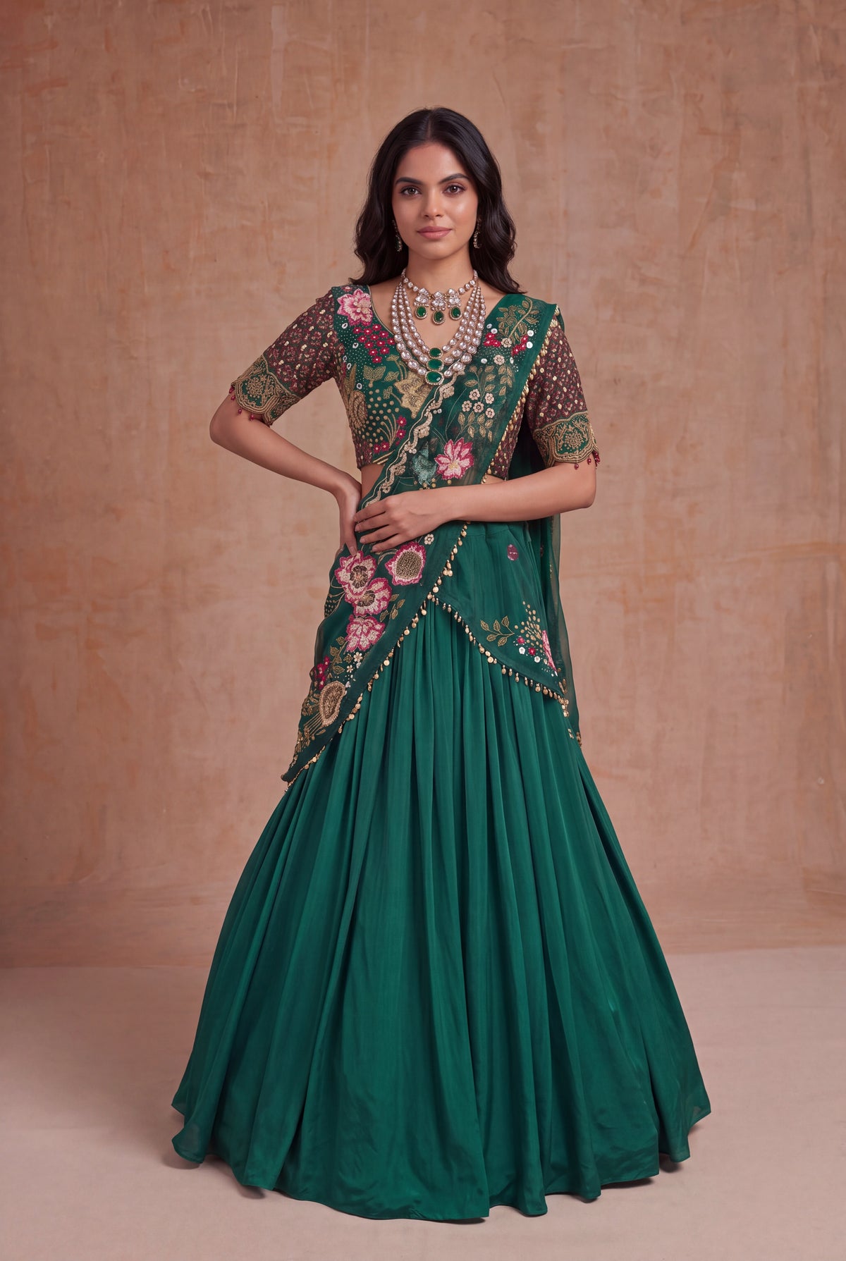 Emerald Green Draped Silk Lehenga set