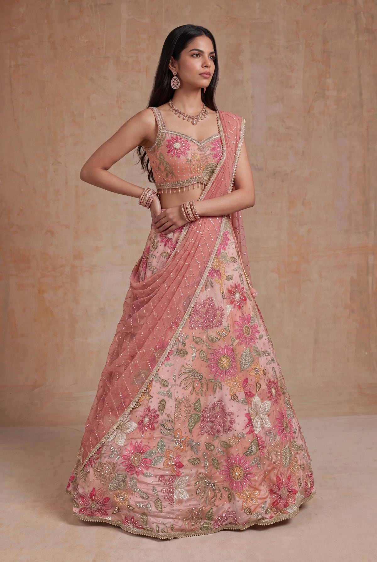 Peach Crepe Silk Lehenga