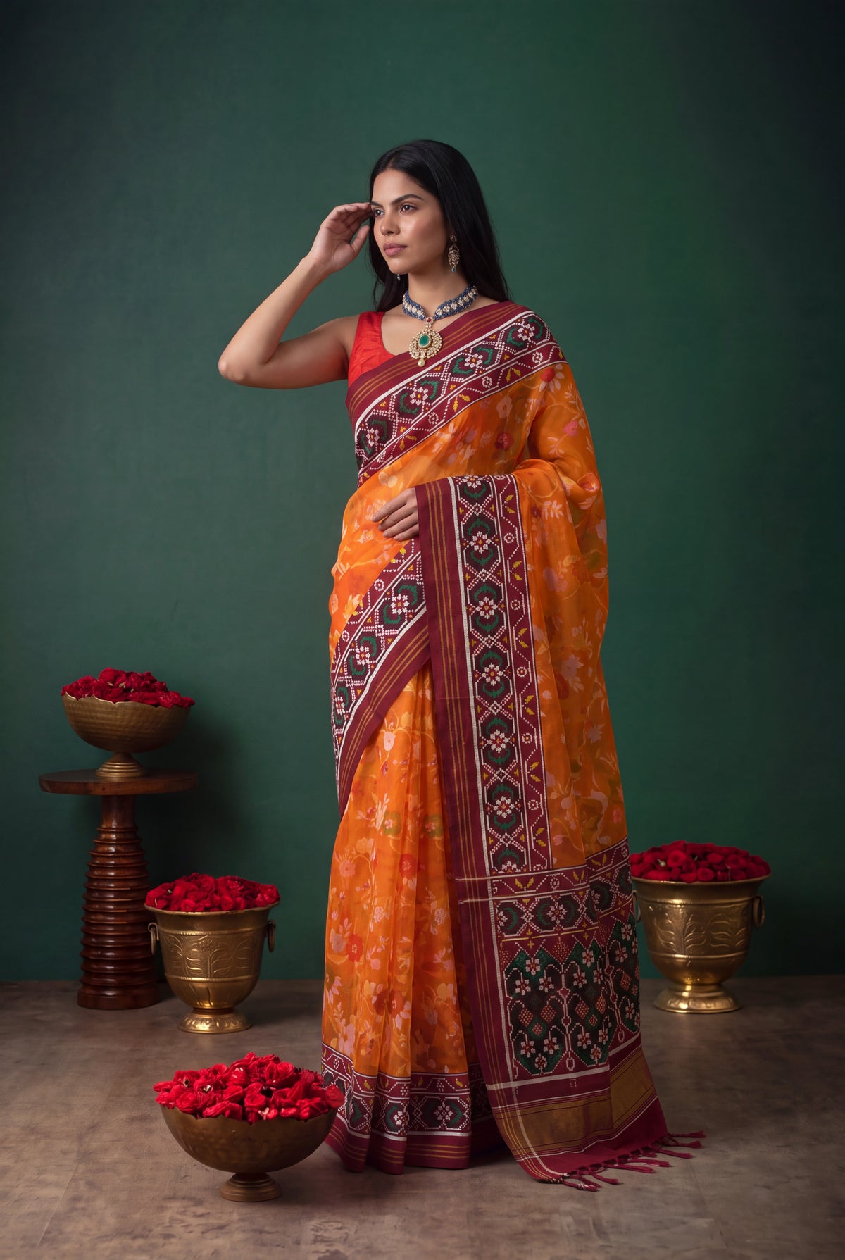 Orange Kora Silk Jamdani Saree