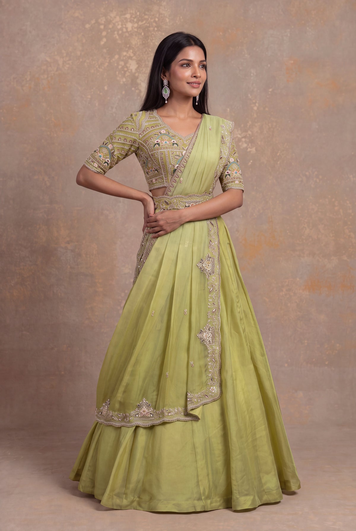 Pastel Green Organza Draped Lehenga