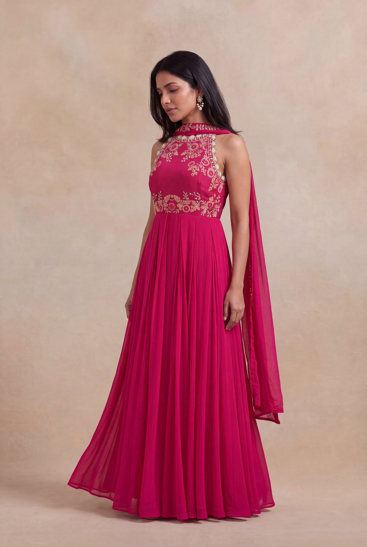Rani Pink Embroidered Gown with Choker Dupatta