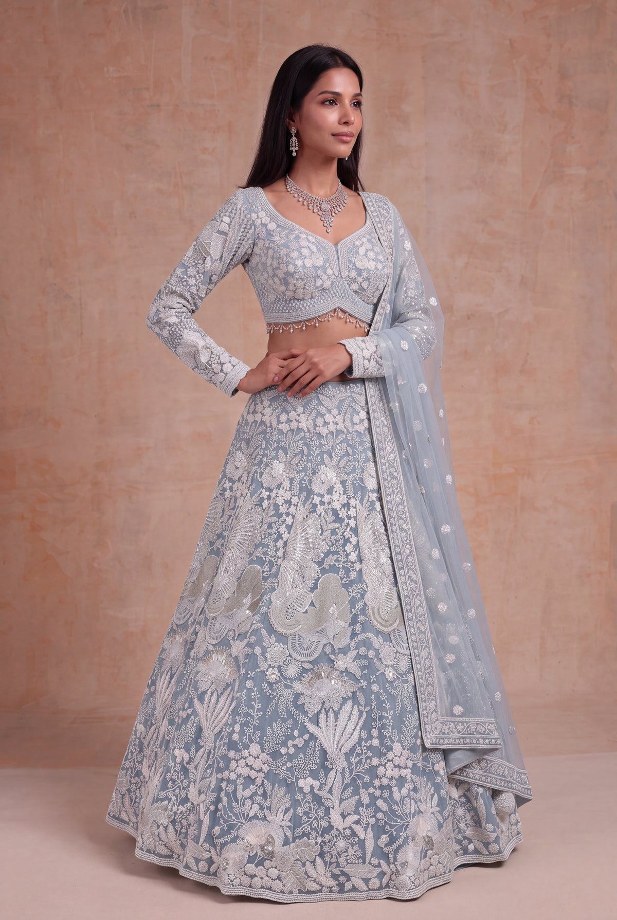 Sky Blue Net Lehenga with White Sequin and Pearl Work