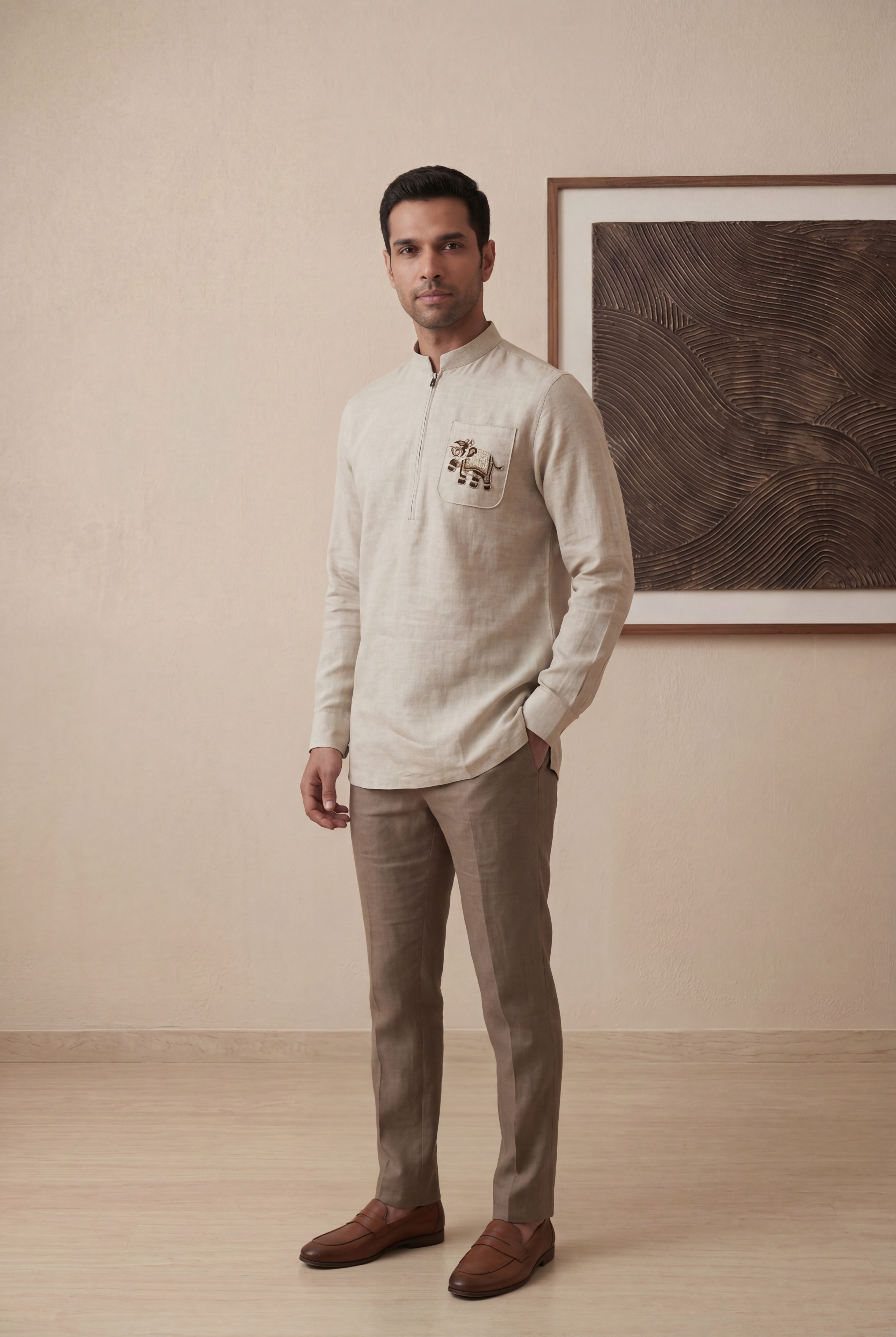 Beige Linen Chinese Collar Short Kurta