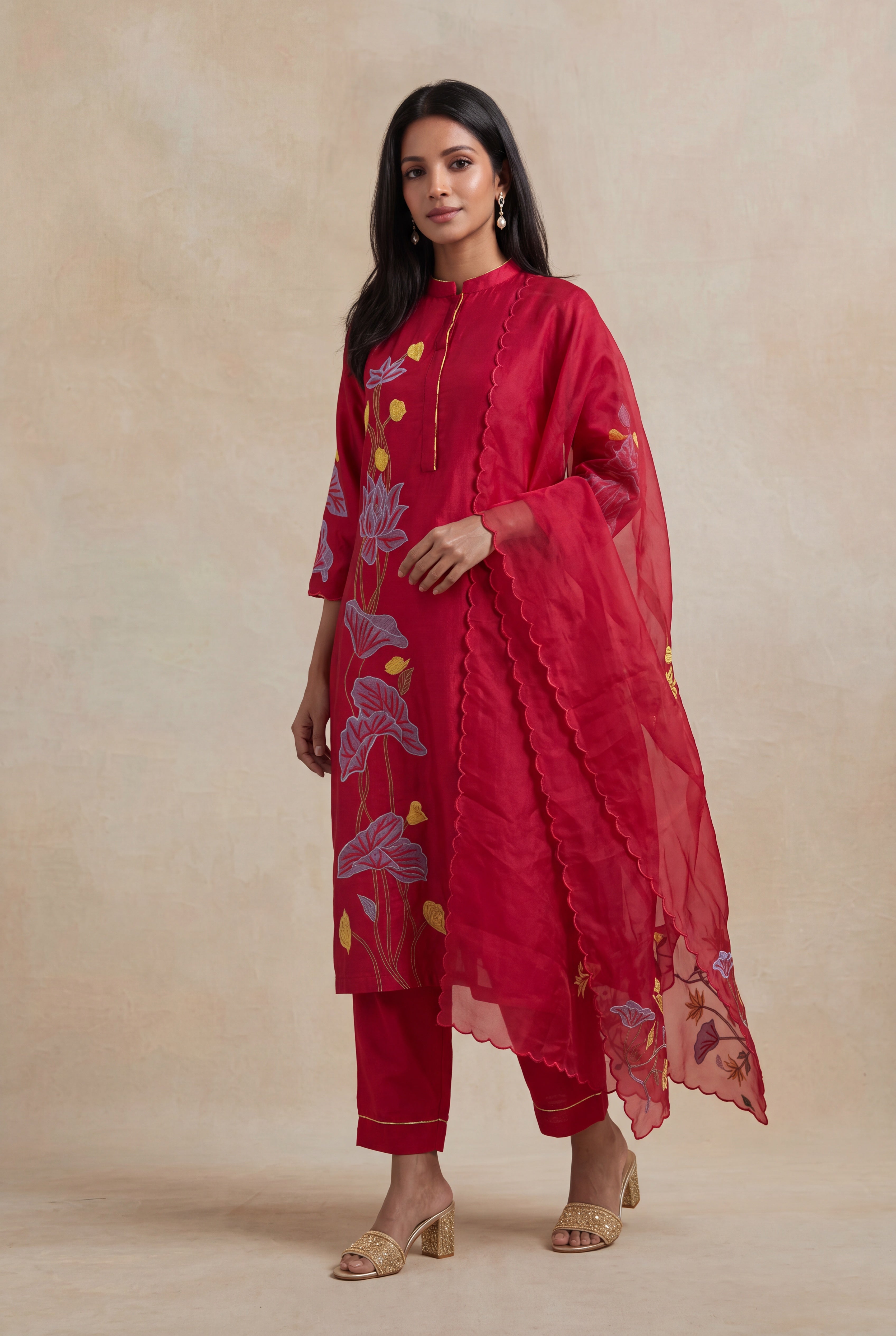 Red Chanderi Cotton Embroidered Straight-Cut Salwar Set