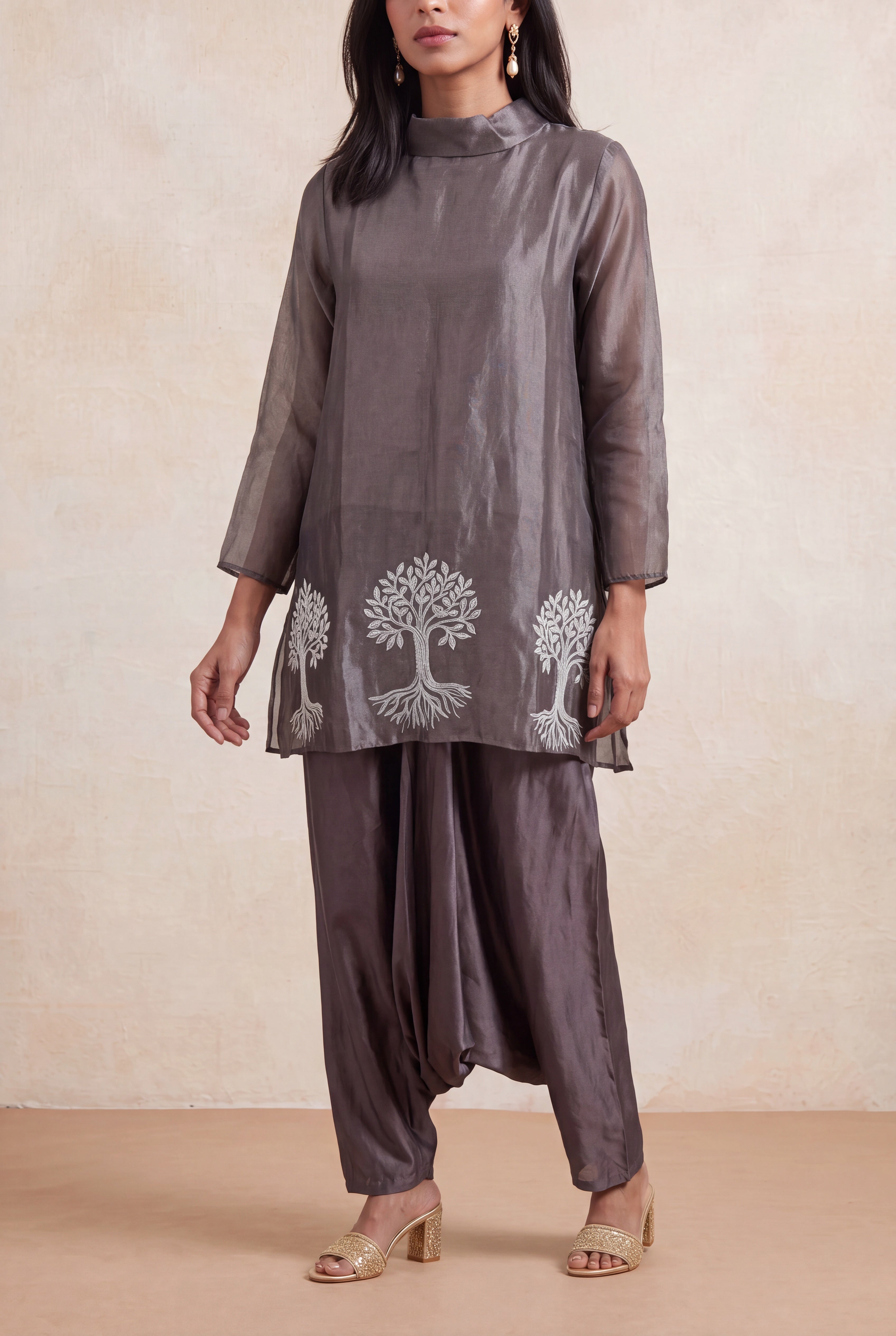 Steel Grey Tissue Indo-Western Co-Ord Set