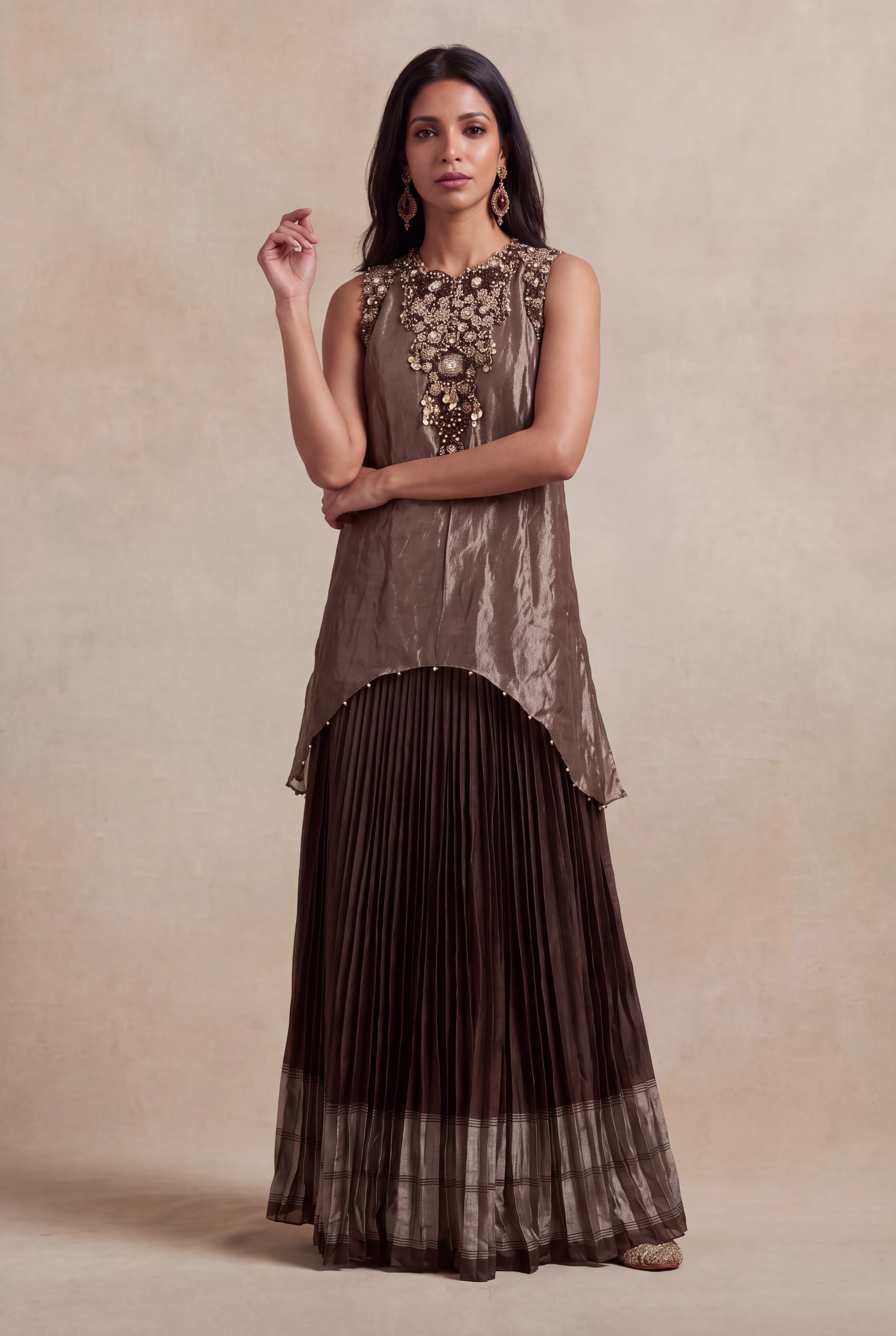 Bronze Crushed Tissue Top with Woven Silk Pleated Skirt