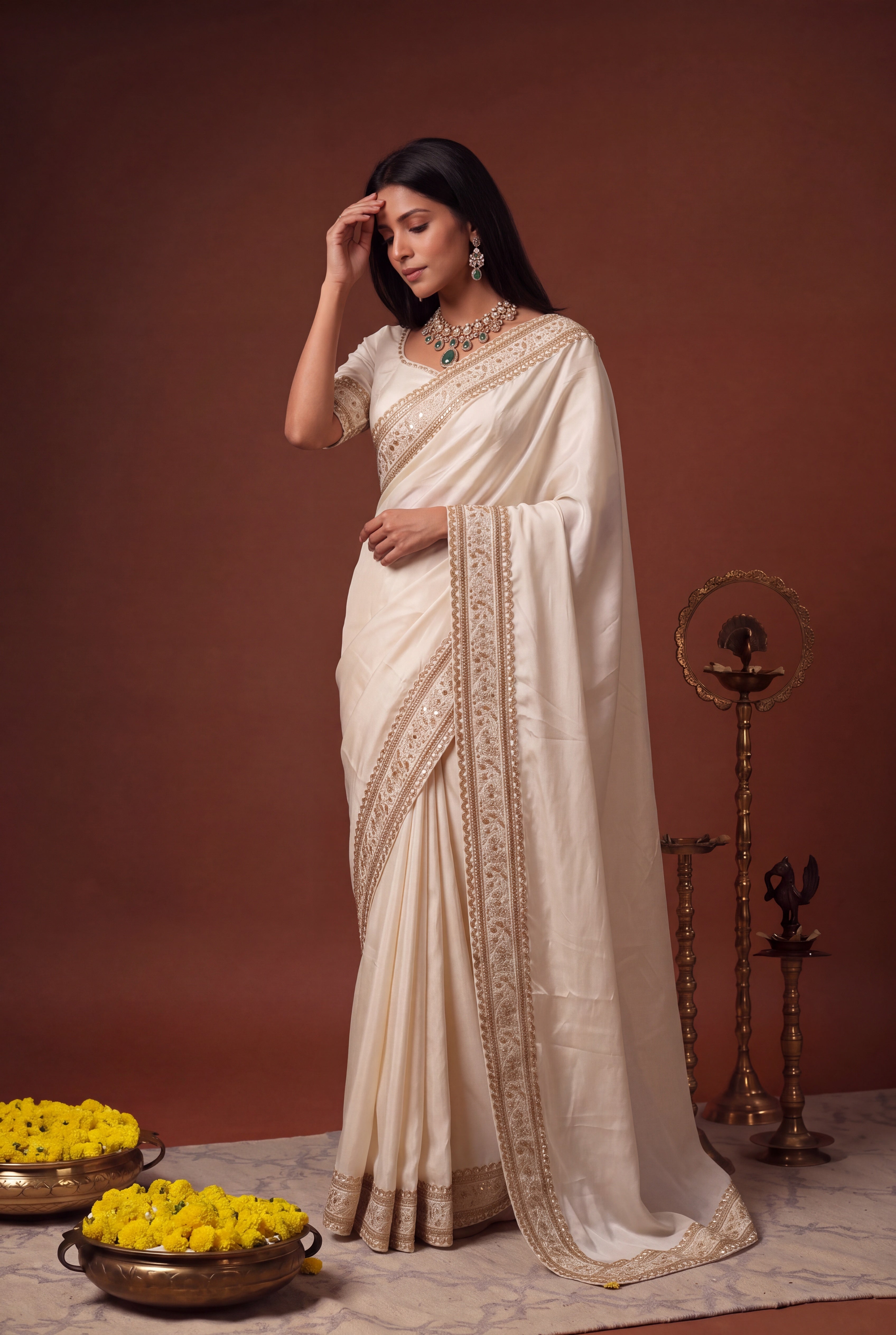 Ivory Satin Saree with Gold Sequin Embroidery