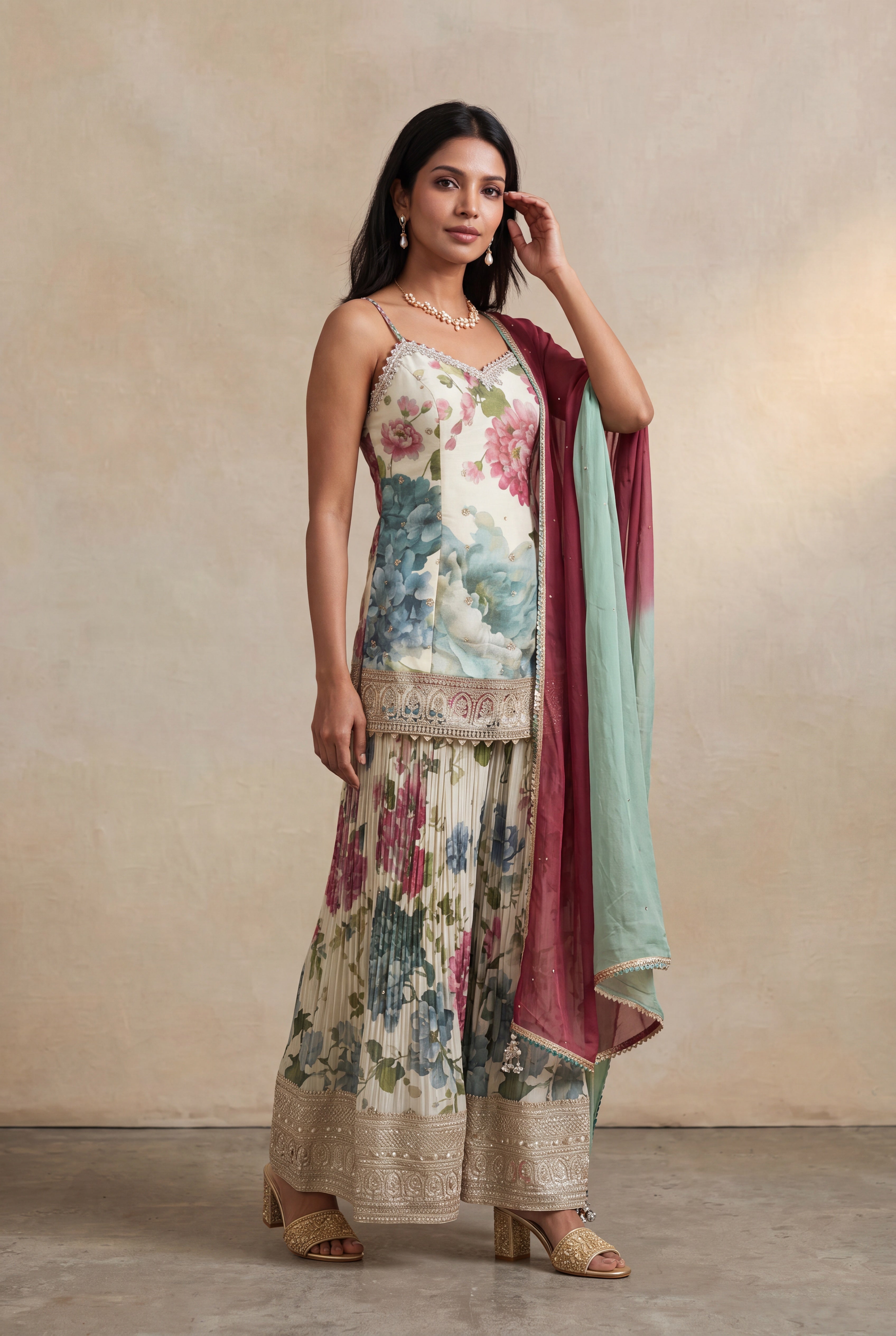 Ivory Floral Printed Tissue Sharara Set with Zari Border