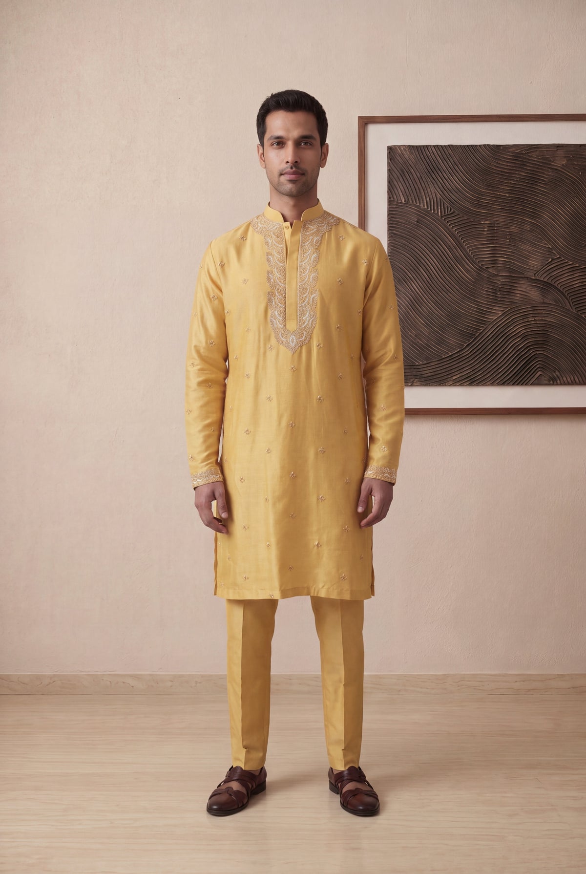 Yellow Raw Silk Embroidered Kurta Pant