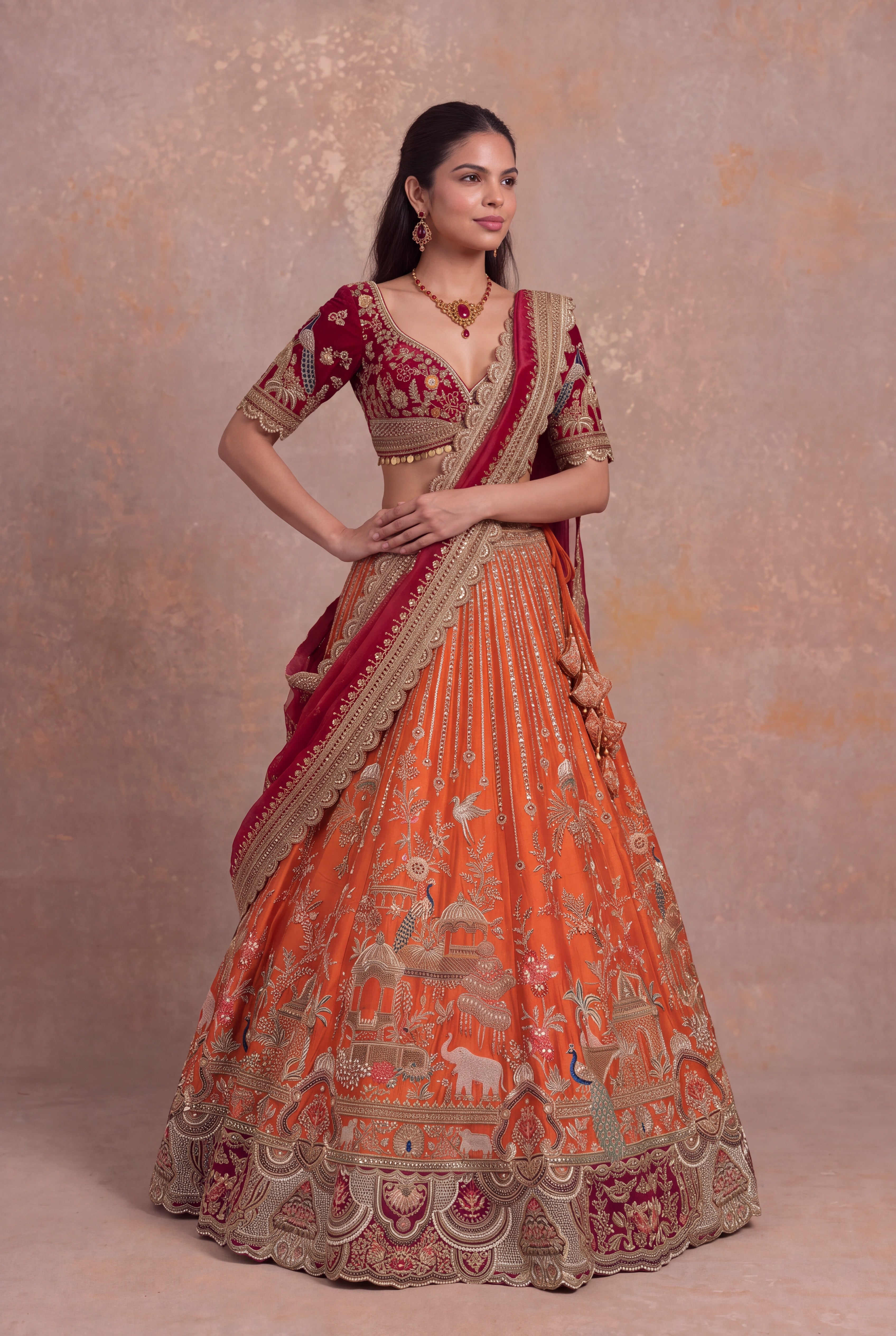 Rust Orange Raw Silk Bridal Lehenga with Zardozi Palace Motifs