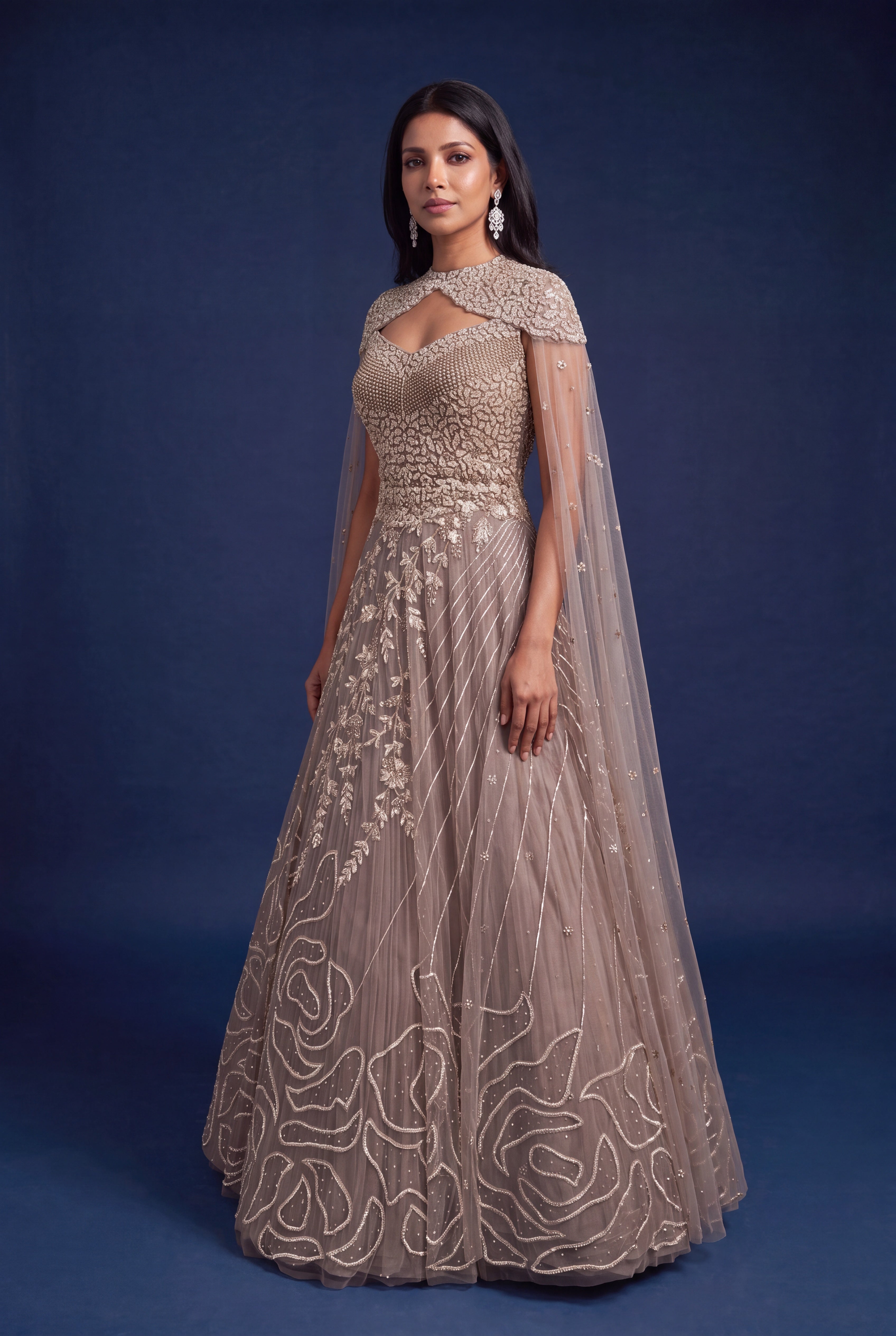 Mauve Net Gown with Cape Sleeve Drape and Rose Embroidery