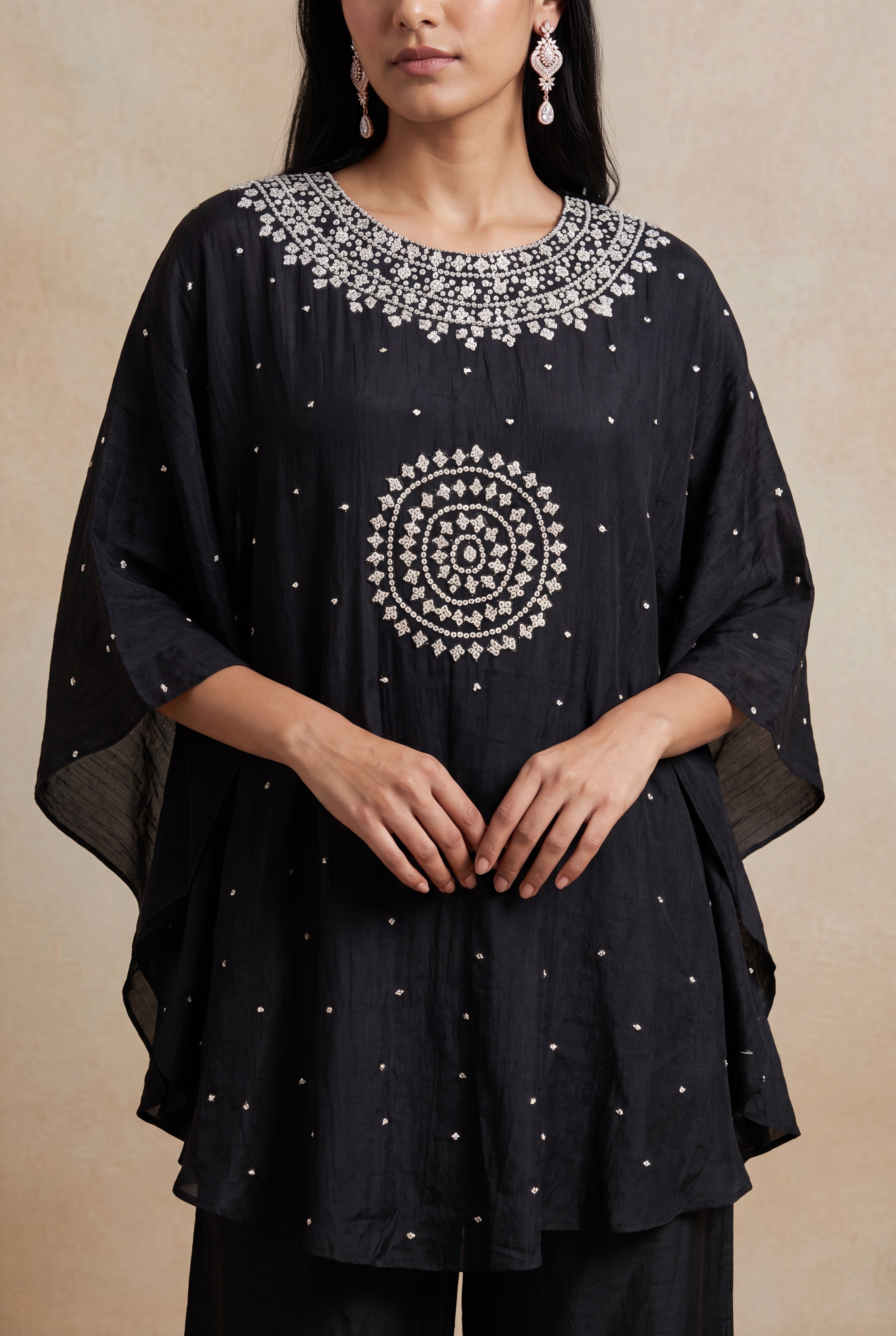 Black Raw Silk Sequin Embroidered Kaftan Co-ord Set