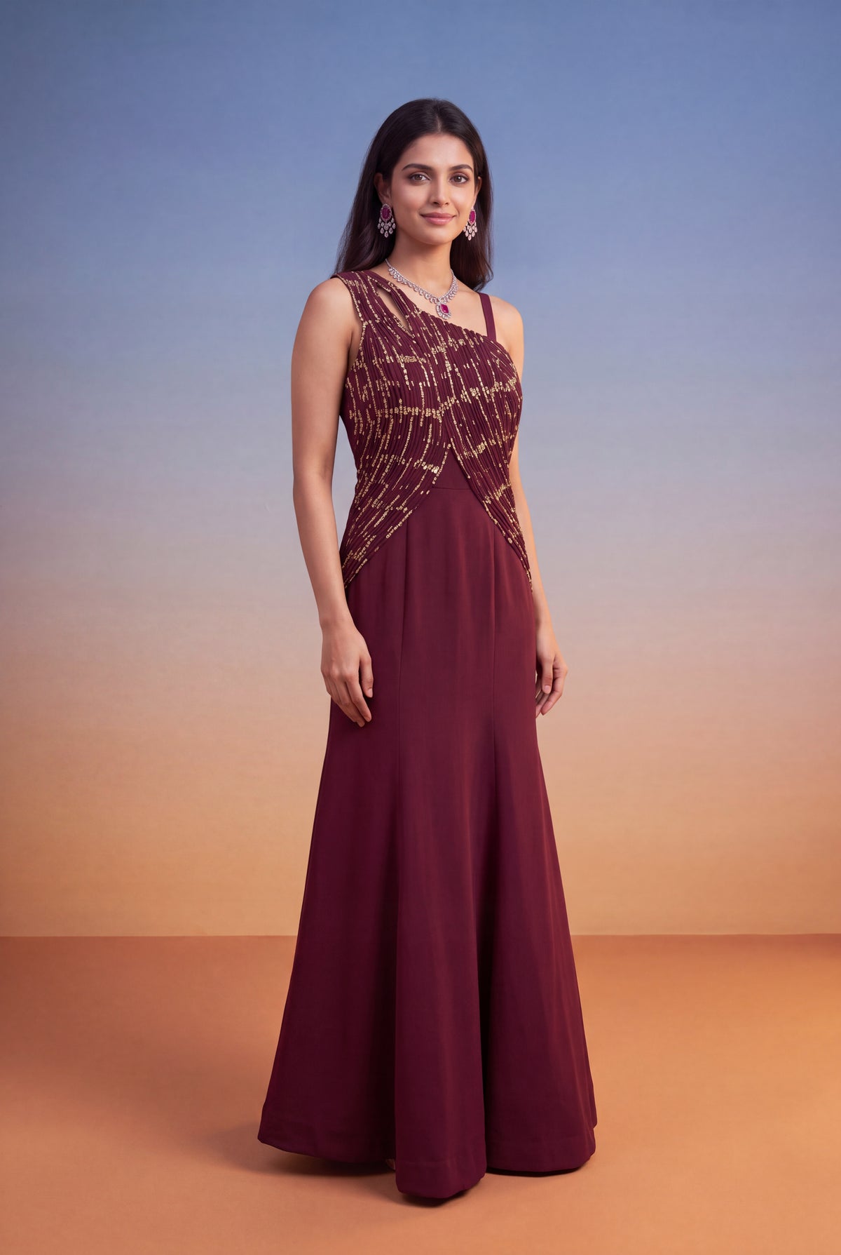 Wine Silk Banarasi Weave Western Gown