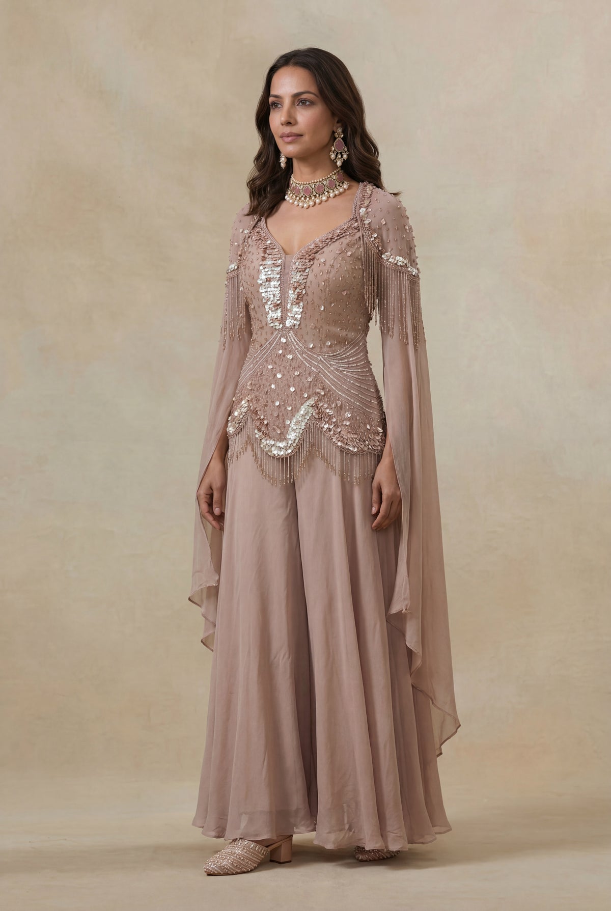 Dusty Mauve Georgette Sequin & Katdana Indo Western Set