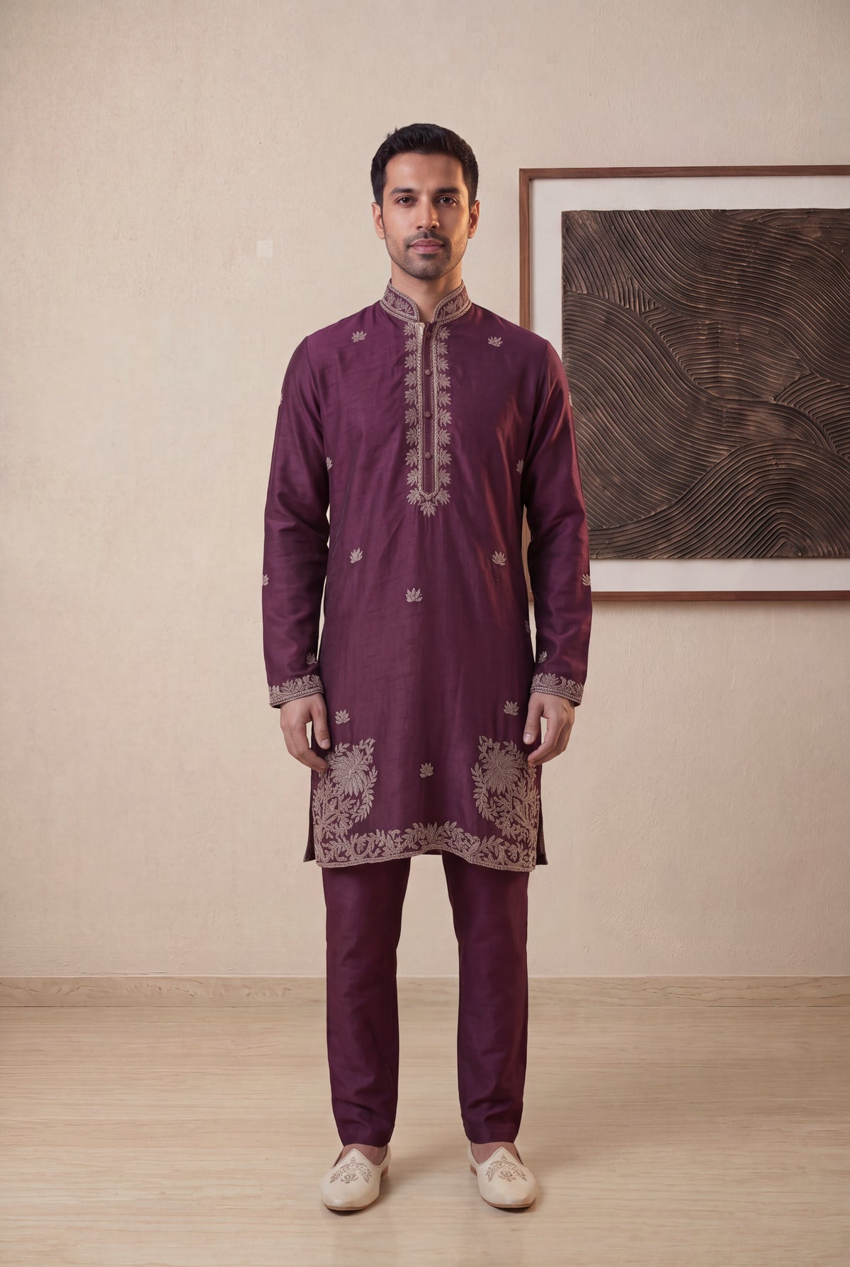 Wine Raw Silk Kurta Pant Set