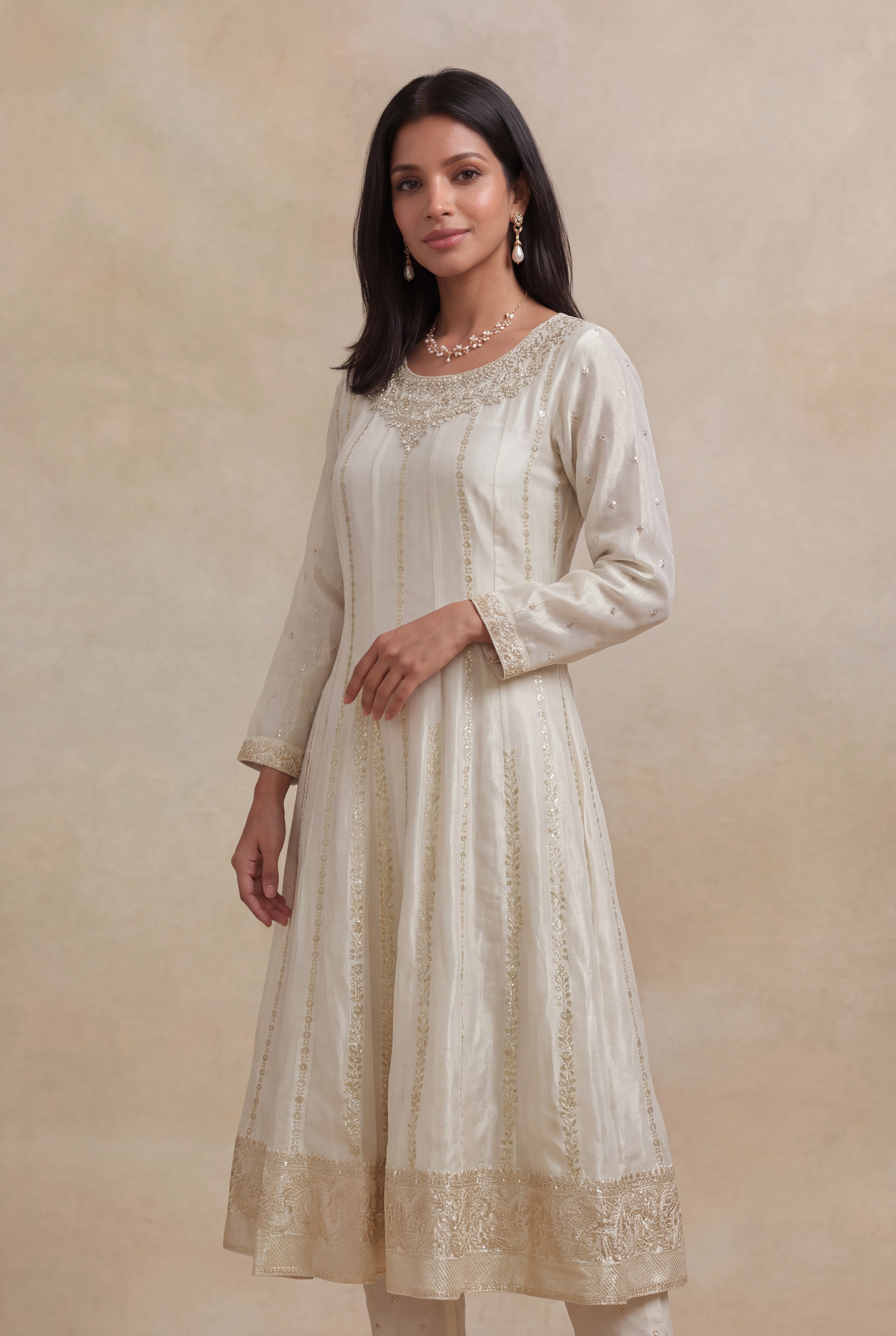Ivory Tissue Silk Banarasi Anarkali Set