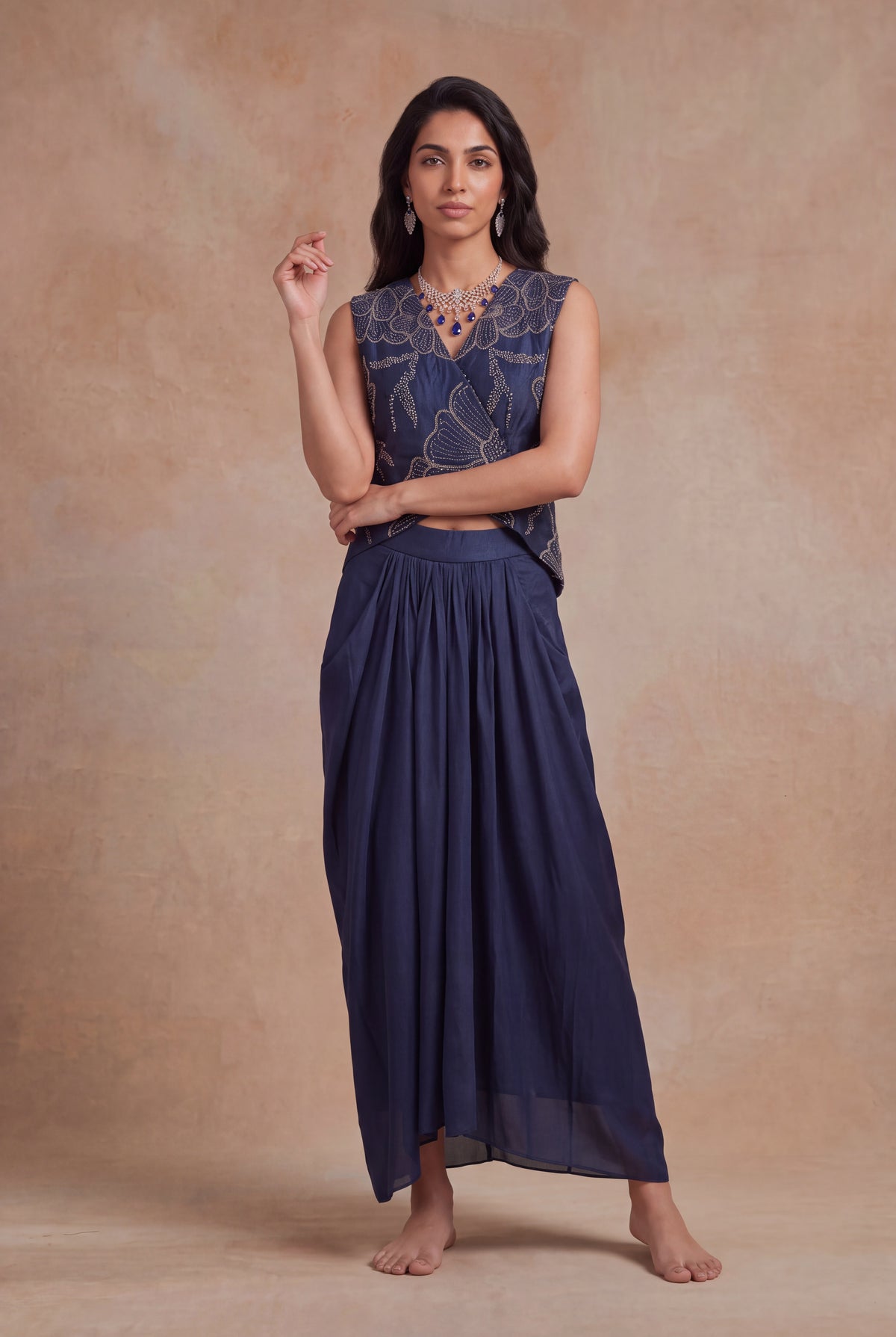 Navy Blue Indo-Western Crop Top & Drape Skirt