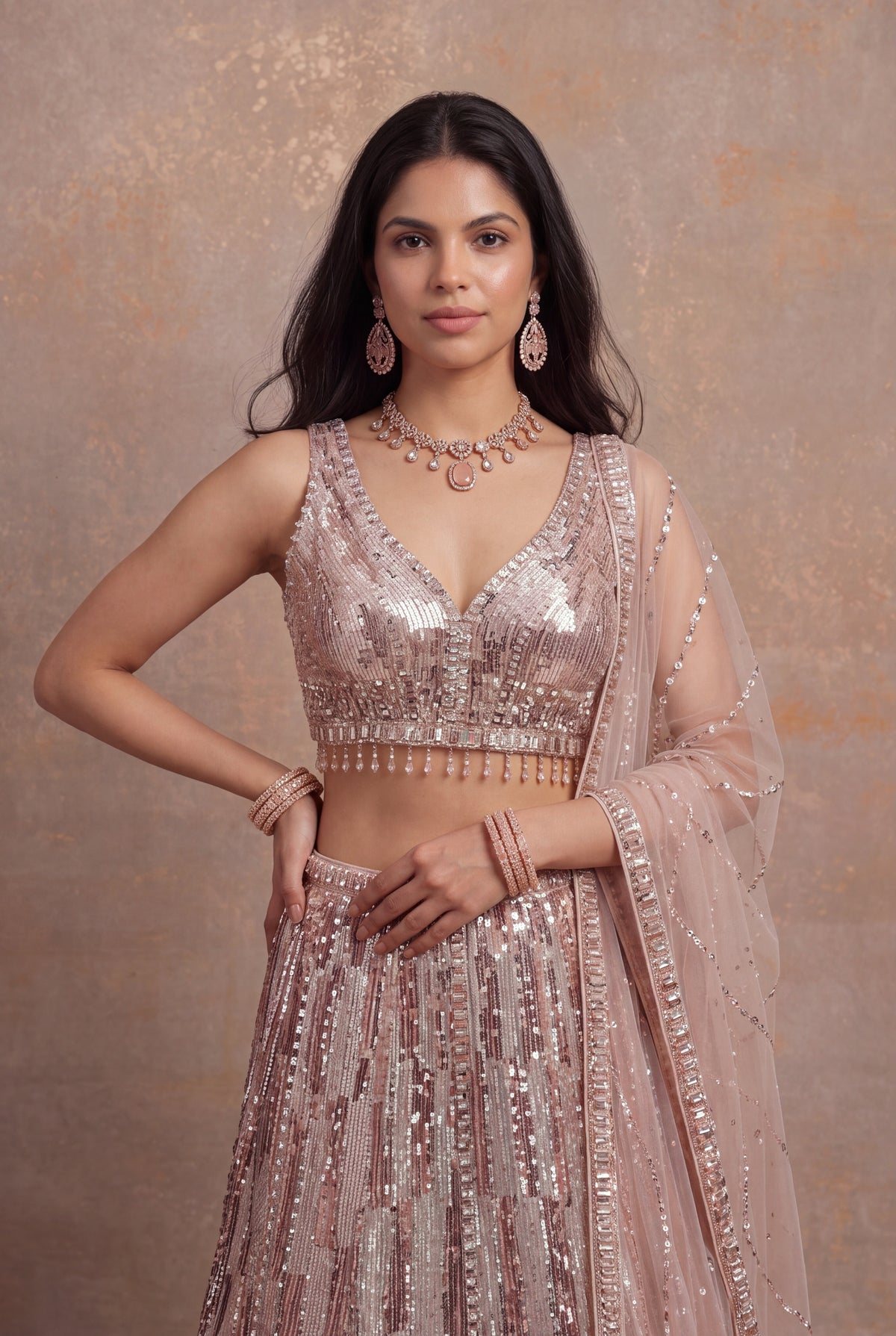 Peach Sequin & Katdana Embellished Net Lehenga