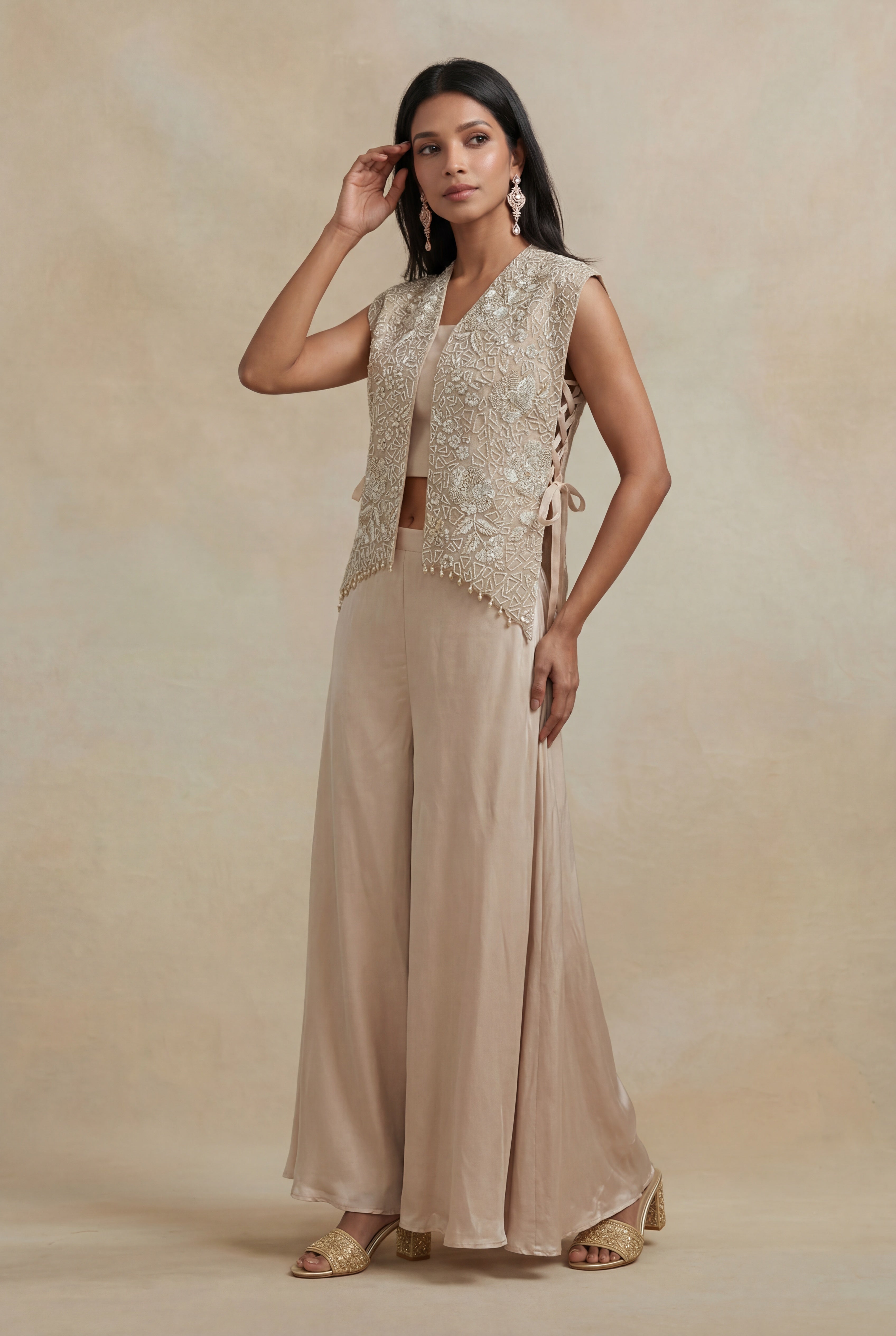 Champagne Beige Organza Indo-Western Co-Ord Set