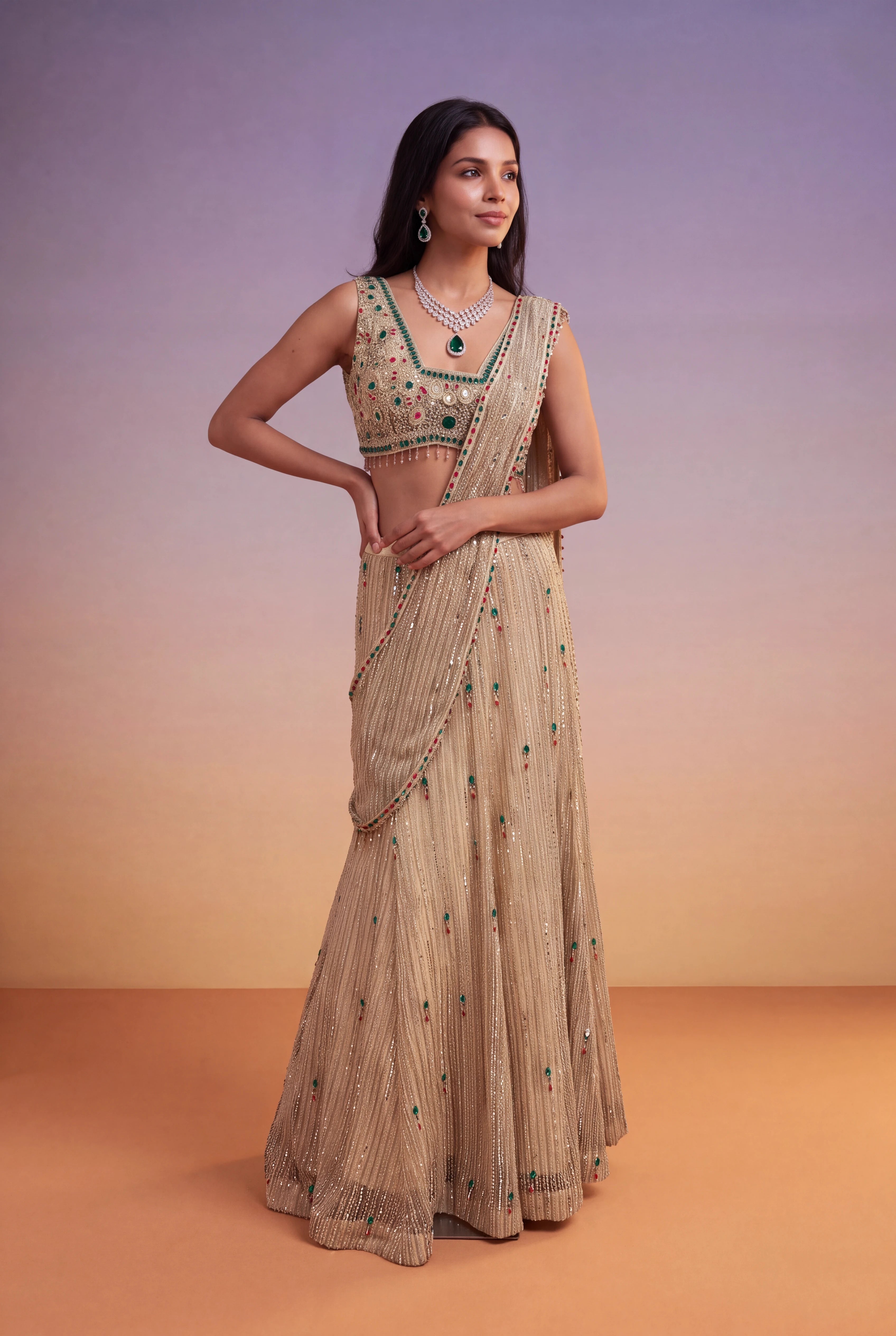 Gold Net Mermaid Lehenga with Jewel-Stone & Kutdana Embroidery