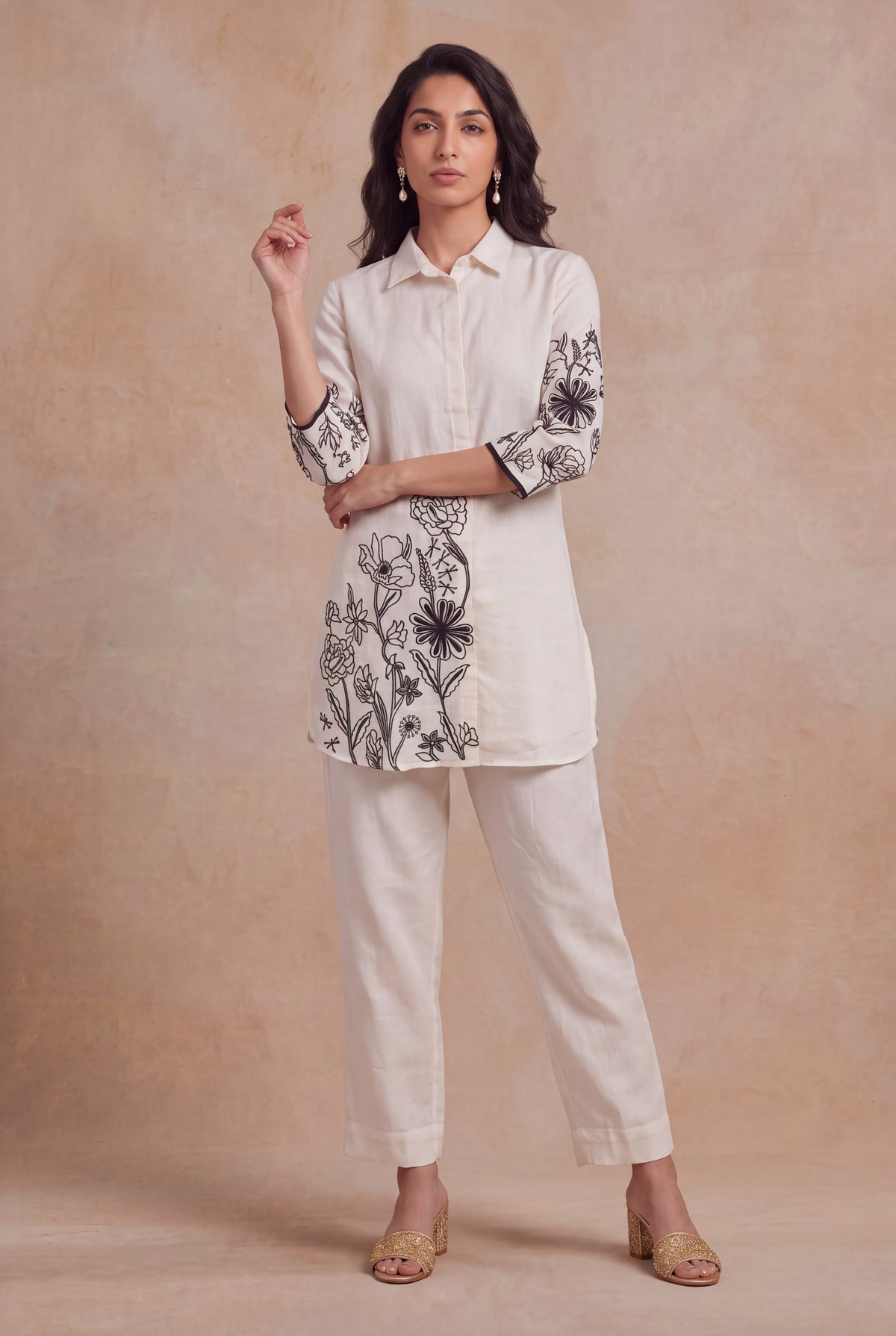 Ivory Chanderi Cotton Floral Embroidered Co-ord Set