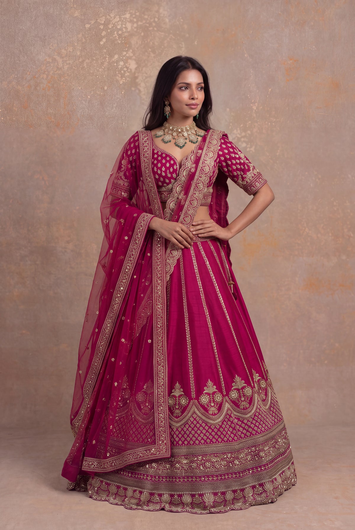 Magenta Pink Raw Silk Lehenga Set with Zardozi and Kundan Work