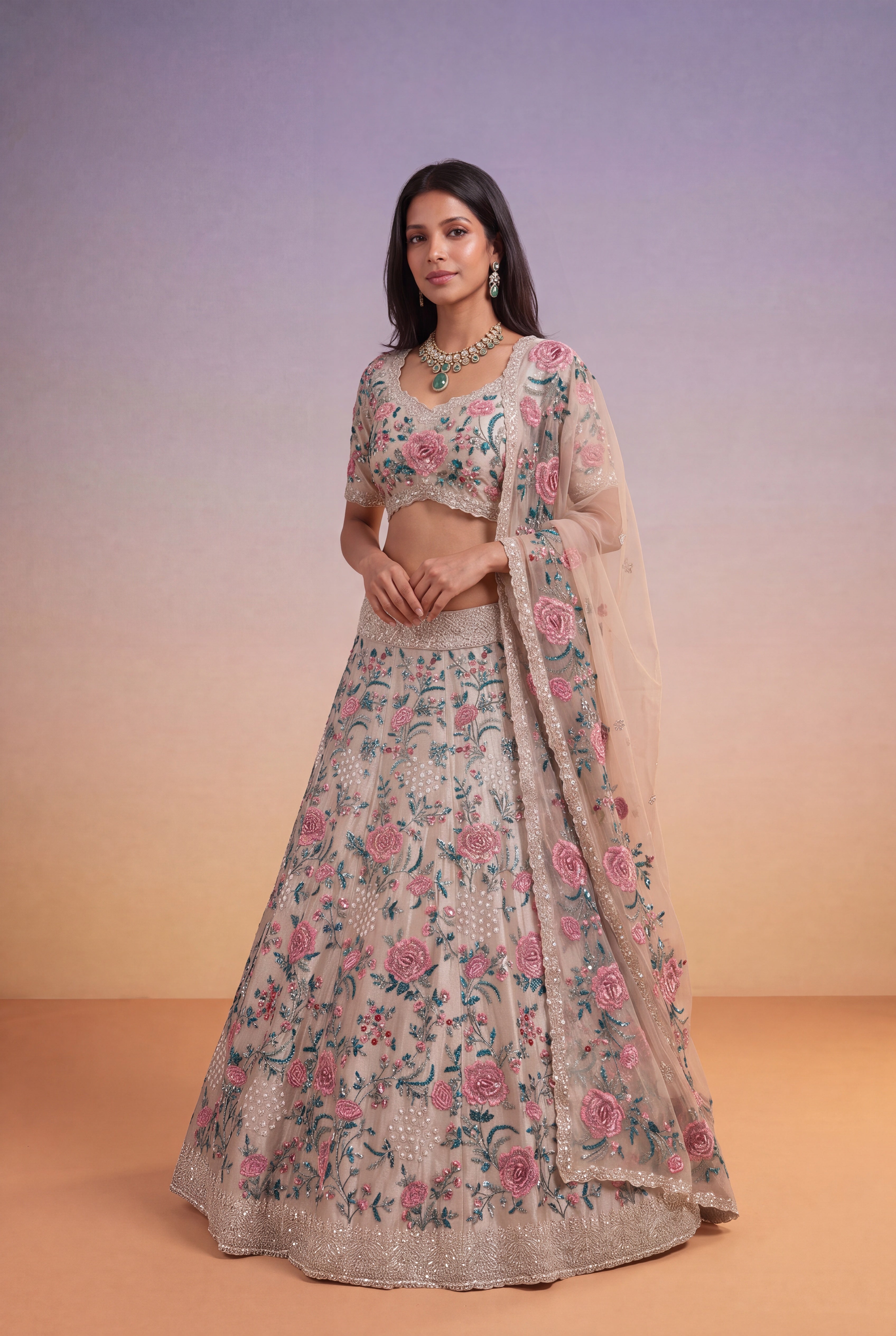 Multicolour Floral Embroidered Tissue Lehenga