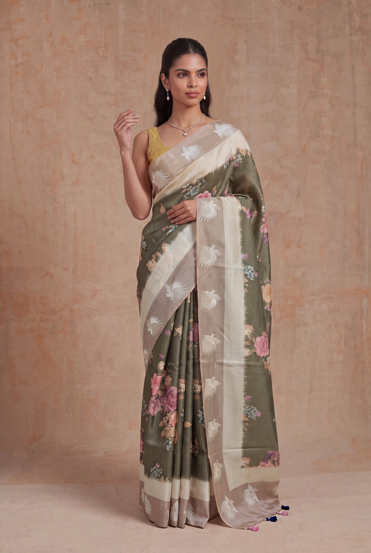 Olive Green Tussar Silk Saree